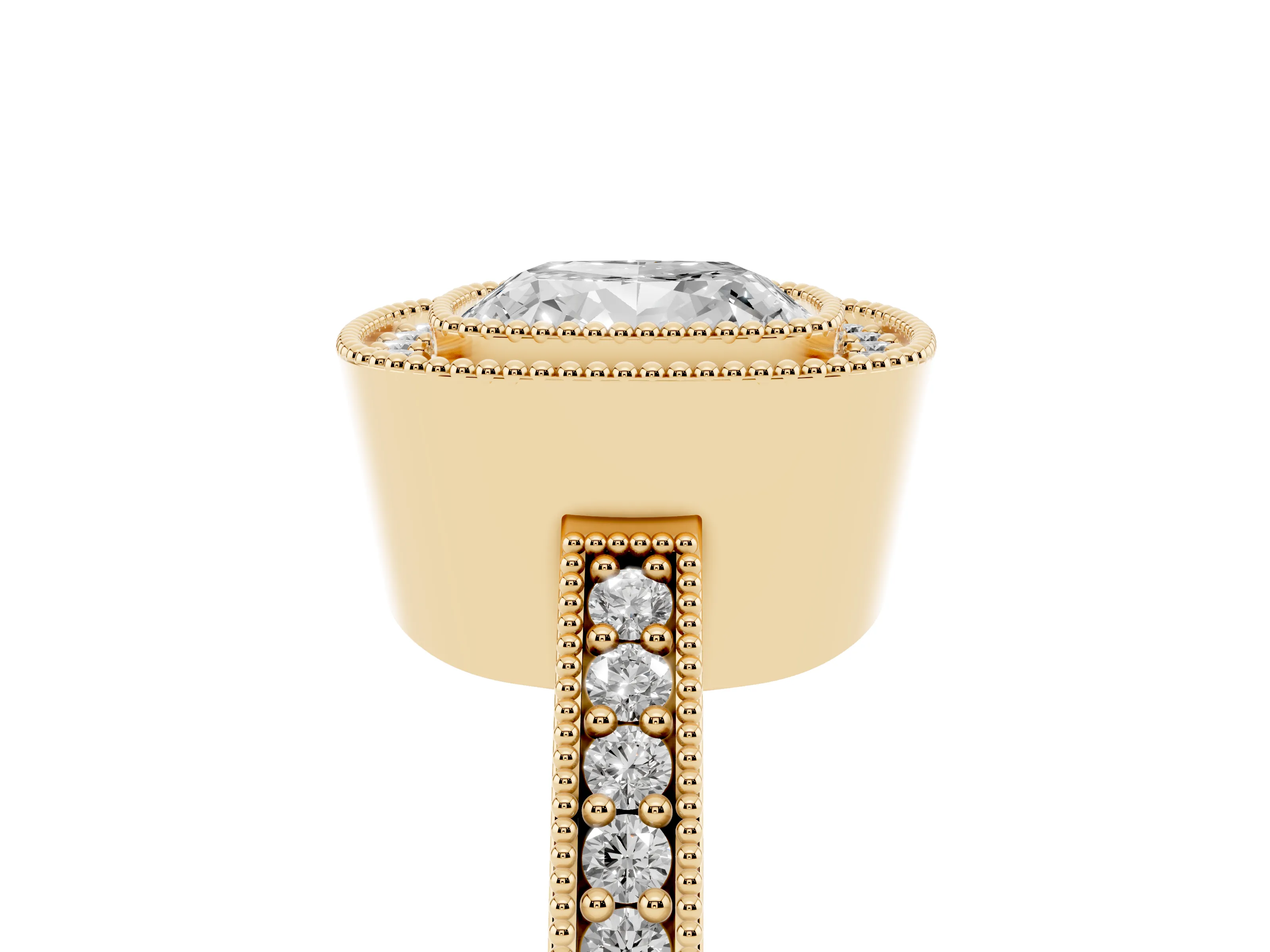Cushion Cut Diamond Halo Engagement Ring Set in Yellow gold with Pavé Band and Round Halo Stones