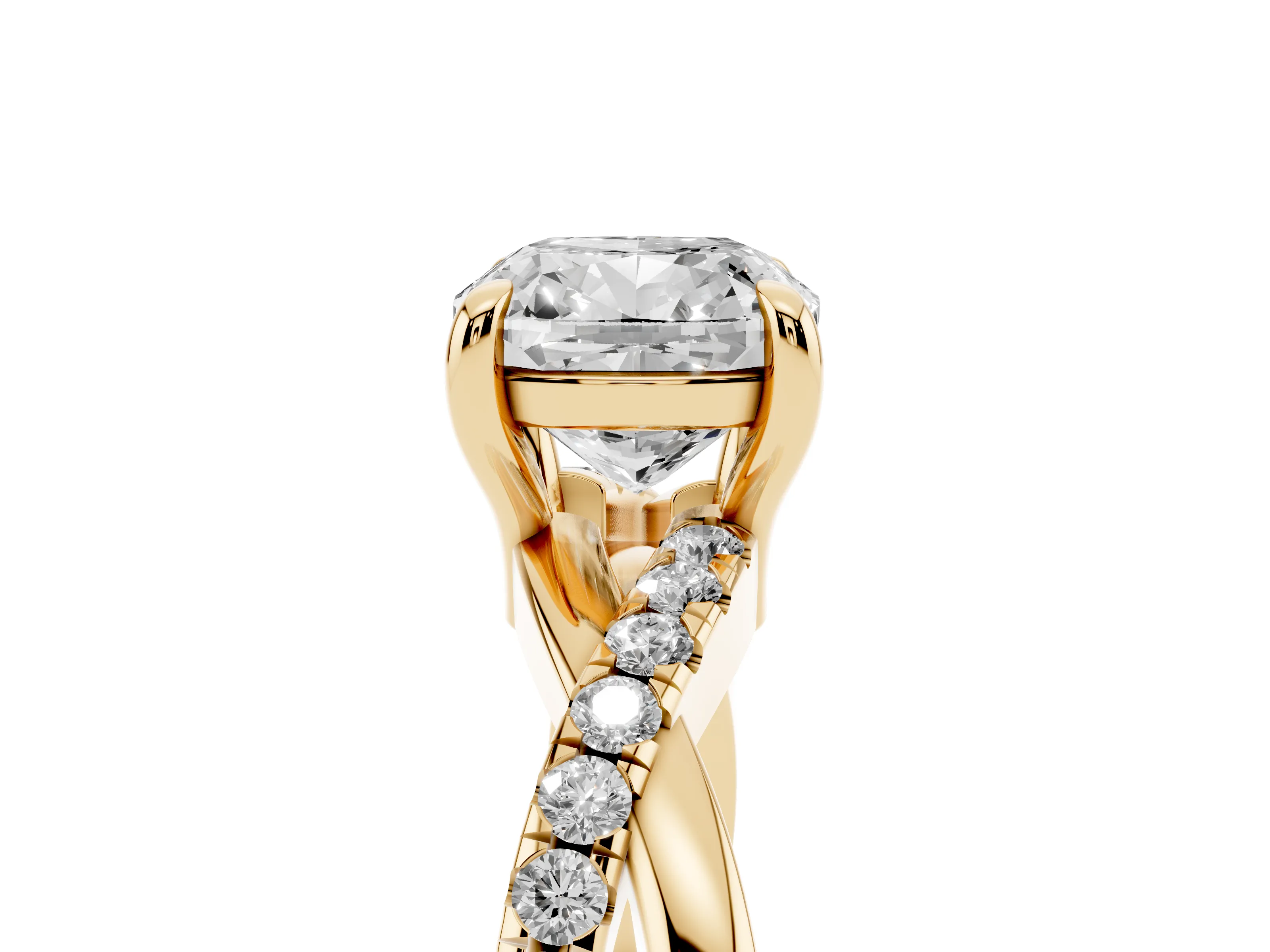 Cushion Cut Diamond Twist Band Pavé Solitaire Ring Set in Yellow gold with Prong Setting