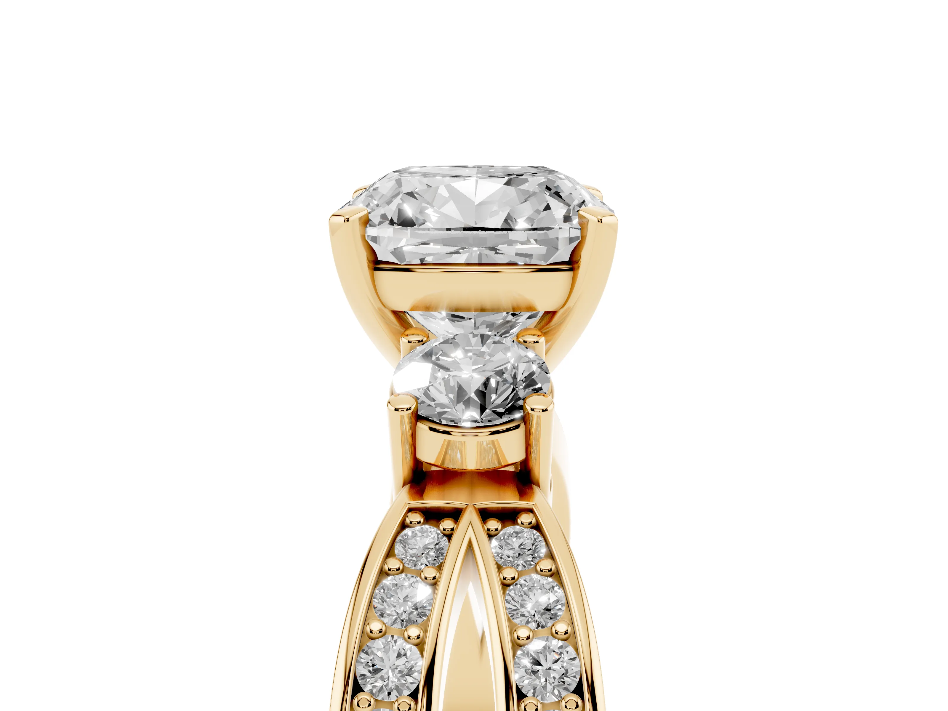 Three-Stone Cushion Cut Diamond Twist Band Ring Set in Yellow gold with Pavé Accents and Prong Setting
