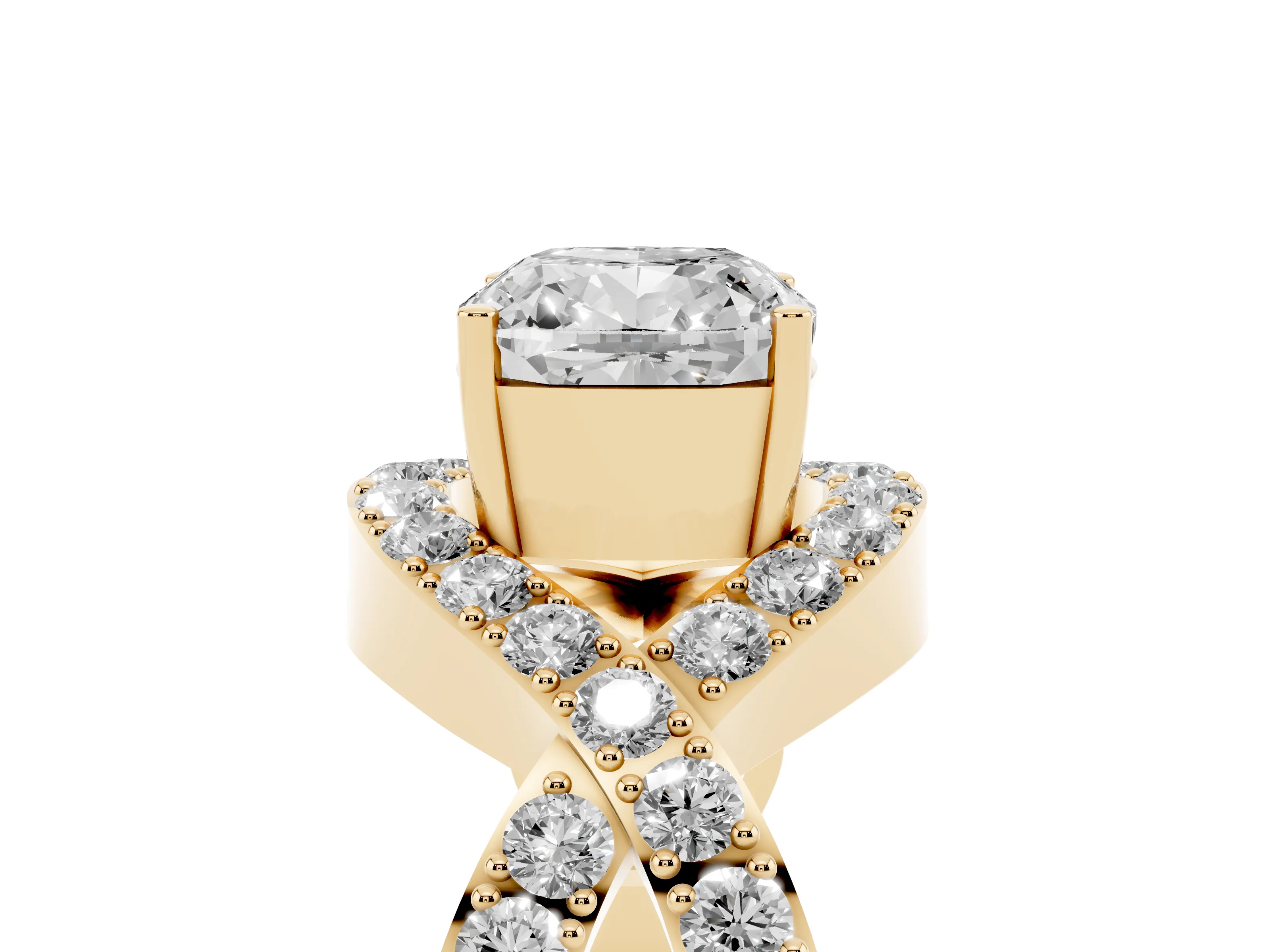 Cushion Cut Diamond Solitaire Twist Band Pavé Engagement Ring Set in Yellow gold