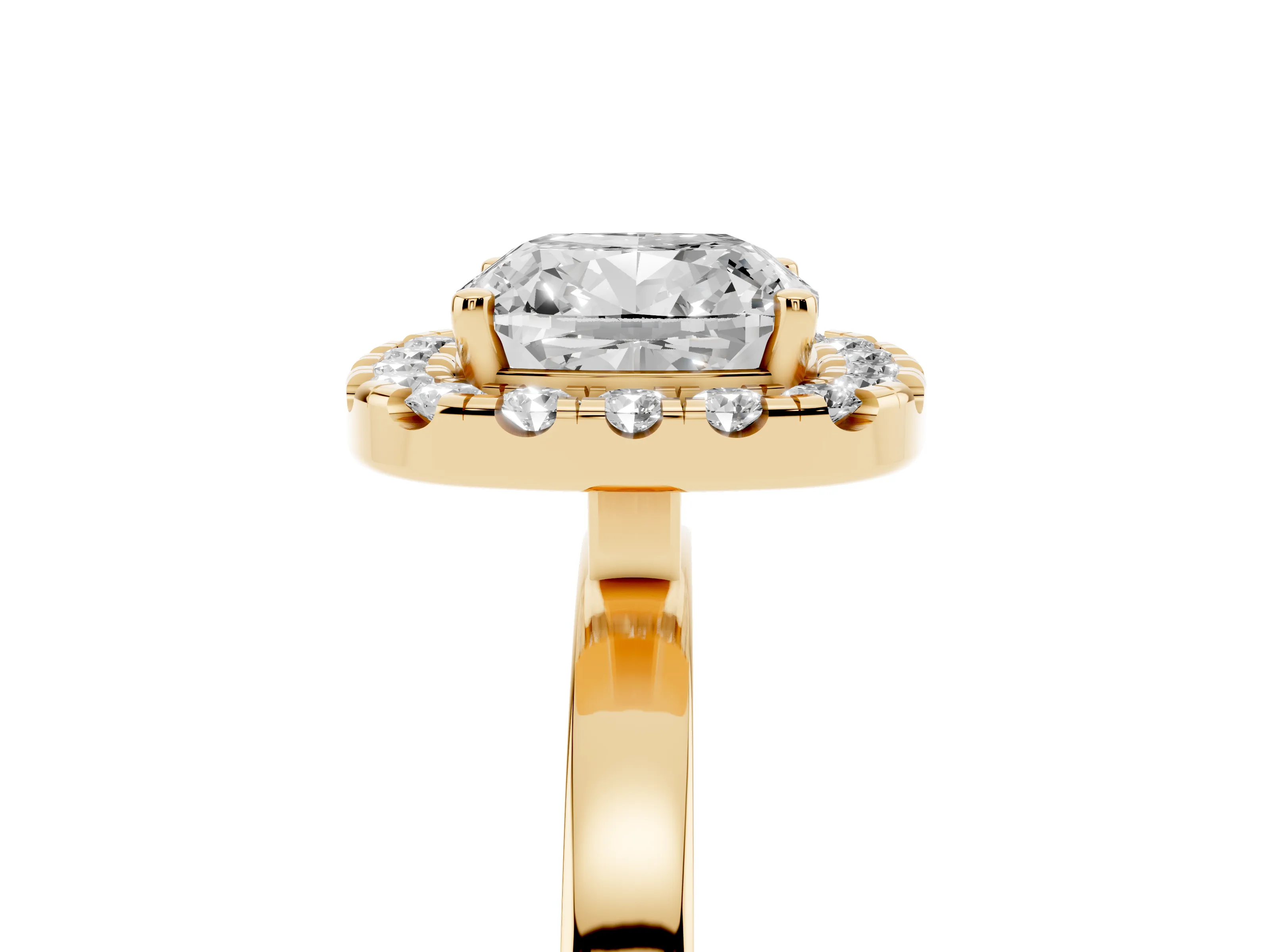 Cushion Cut Diamond Halo Solitaire Ring Set in Yellow gold with Pavé Band and Prong Setting