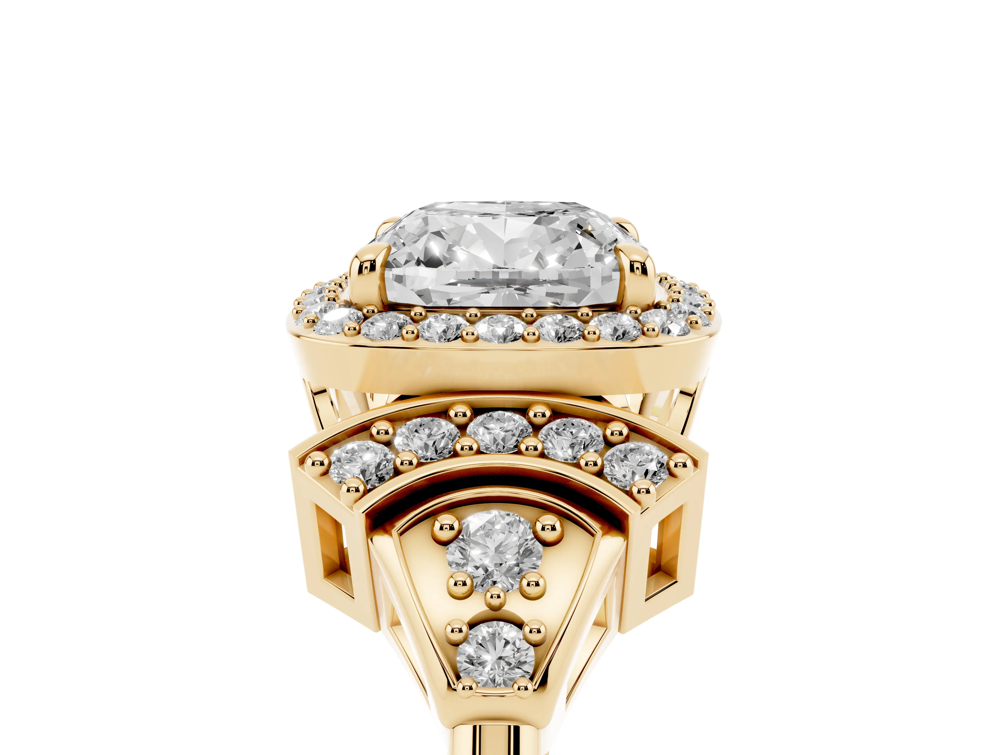 Cushion Cut Diamond Halo Engagement Ring Set in Yellow gold with Accent Stone Split Shank