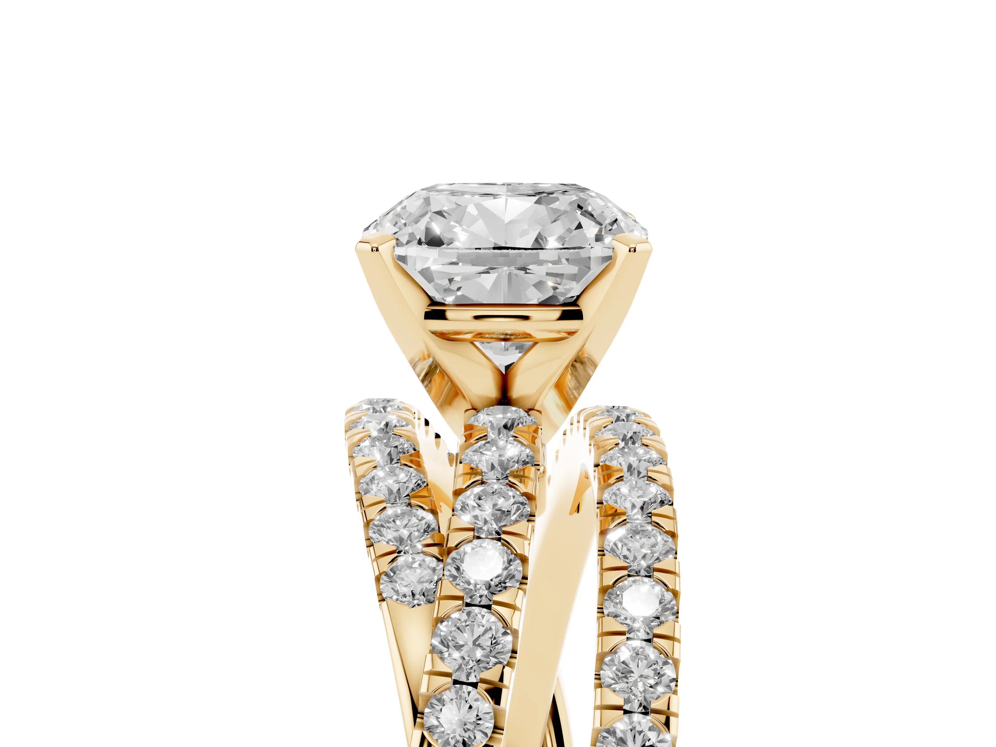 Cushion Cut Diamond Solitaire Twist Band Ring Set in Yellow gold with Pavé Setting and Prong Head