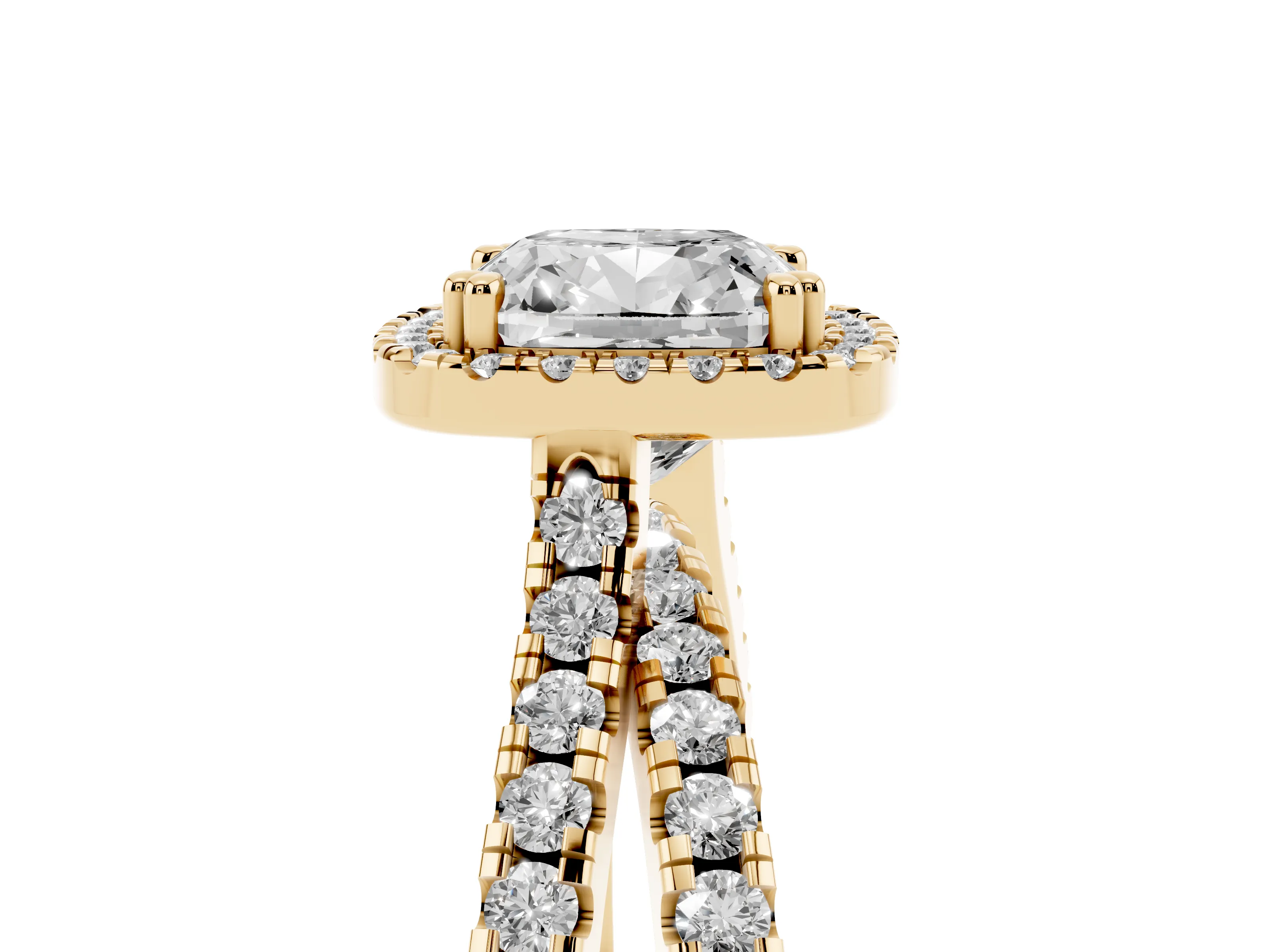 Cushion Cut Diamond Halo Split Shank Ring Set in Yellow gold with Pavé Setting