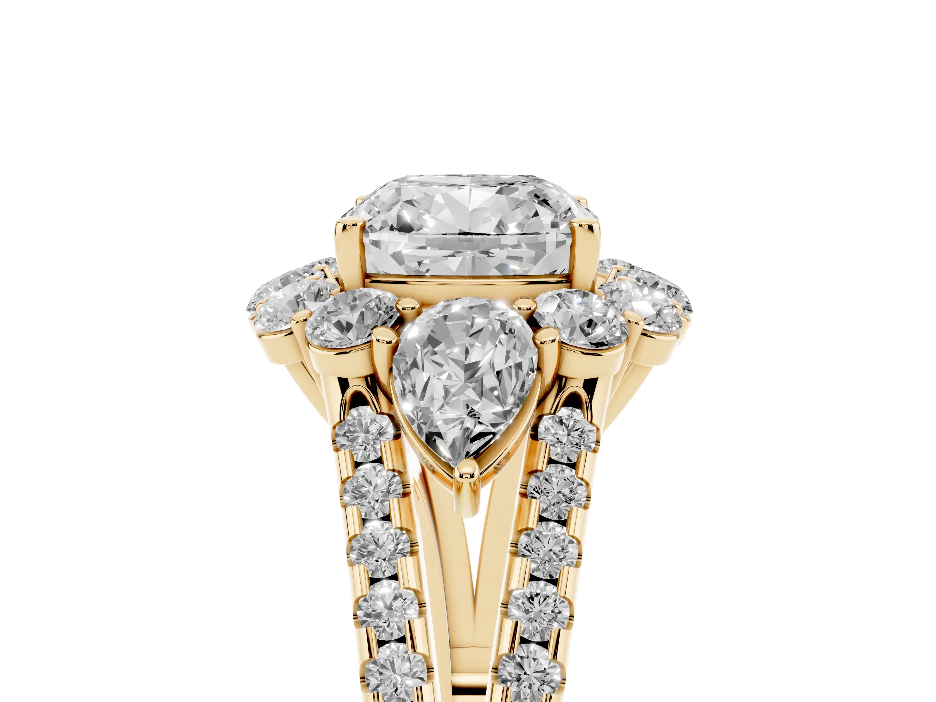 Cushion Cut Diamond Halo Split Shank Engagement Ring Set in Yellow gold with Prong-Held Center Stone