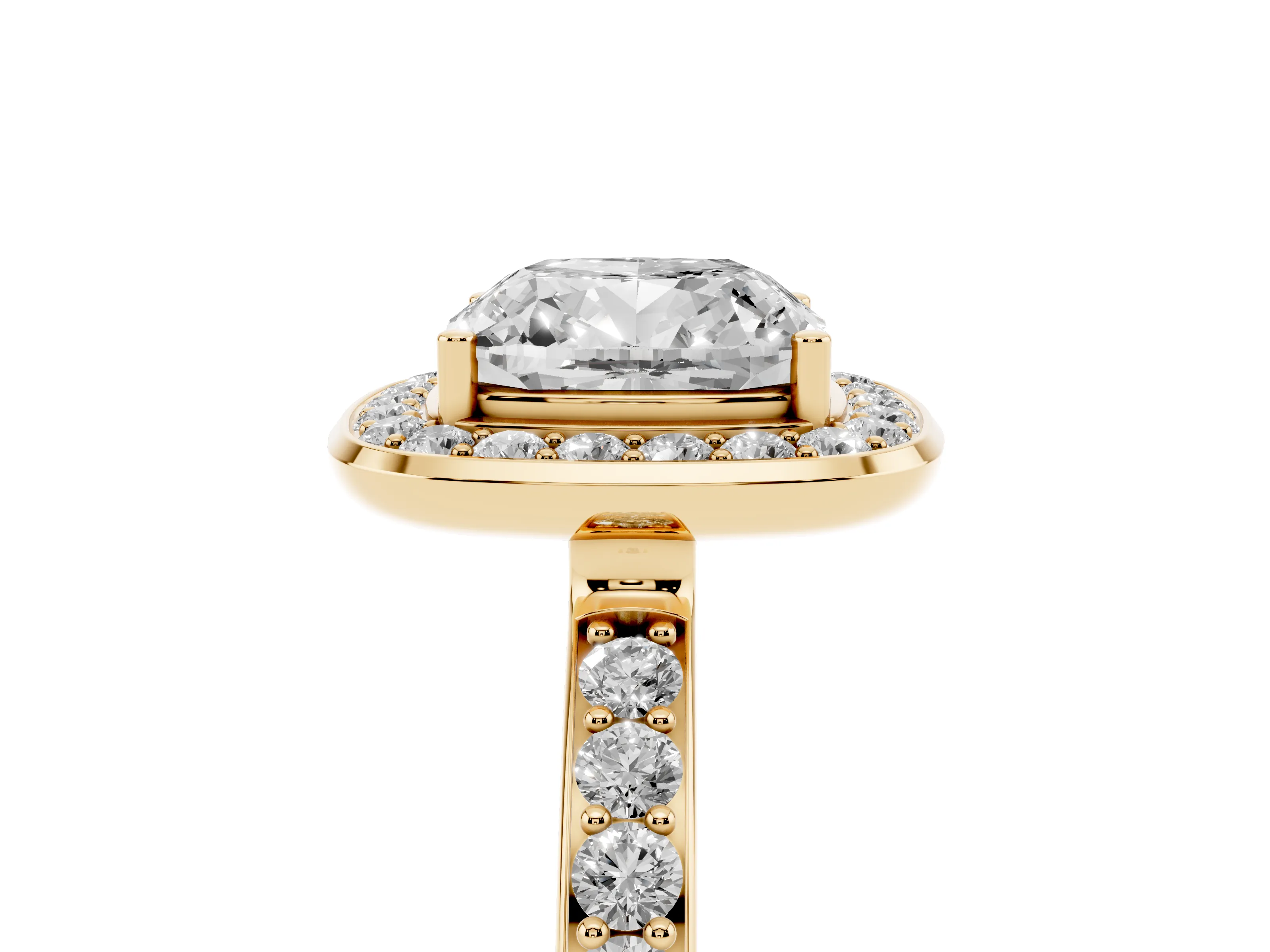 Cushion Cut Diamond Halo Ring Set in Yellow gold with Bezel Frame and Pavé Band