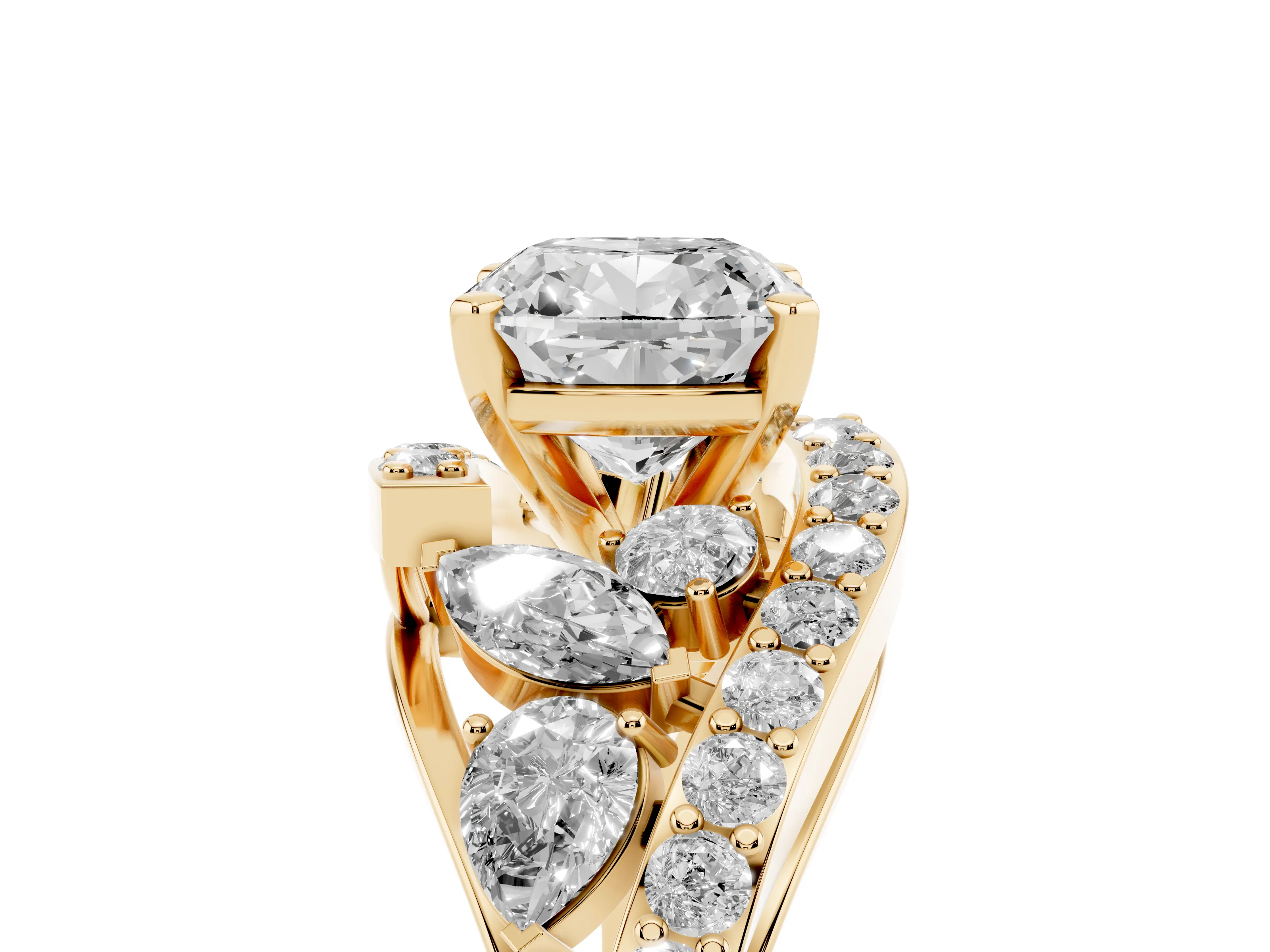 Cushion Cut Diamond Halo Ring Set in Yellow gold with Marquise and Pavé Band in Prong Setting