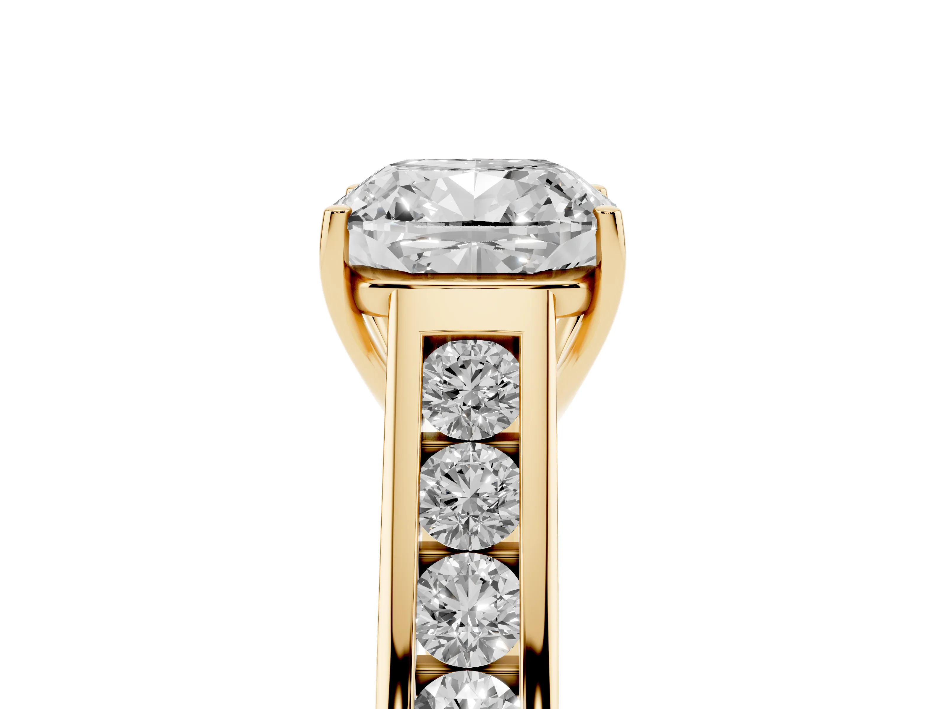 Cushion Cut Diamond Brilliant Channel-Set Solitaire Ring Set in Yellow gold with Prong Setting