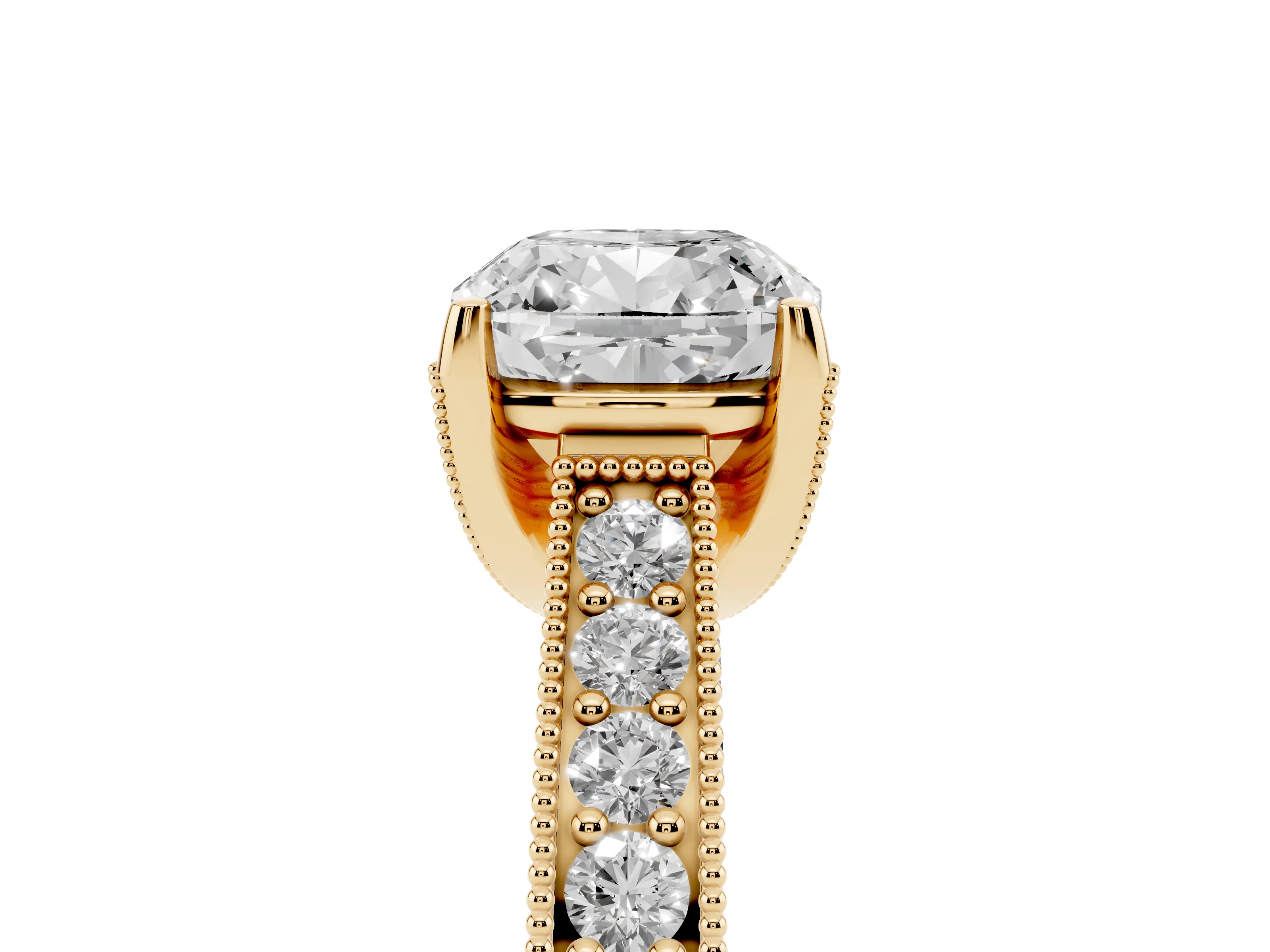 Cushion Cut Diamond Solitaire Ring Set in Yellow gold with Milgrain-Edged Pavé Band and Prong Setting