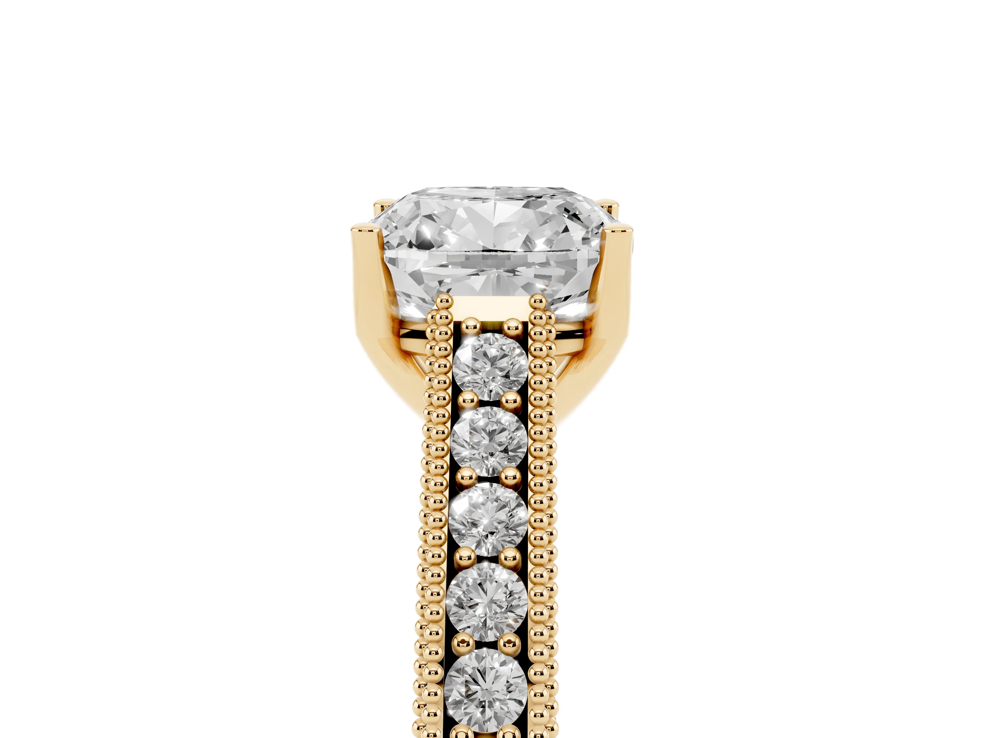 Cushion Cut Diamond Milgrain Pavé Band Solitaire Ring Set in Yellow gold with Prong Setting