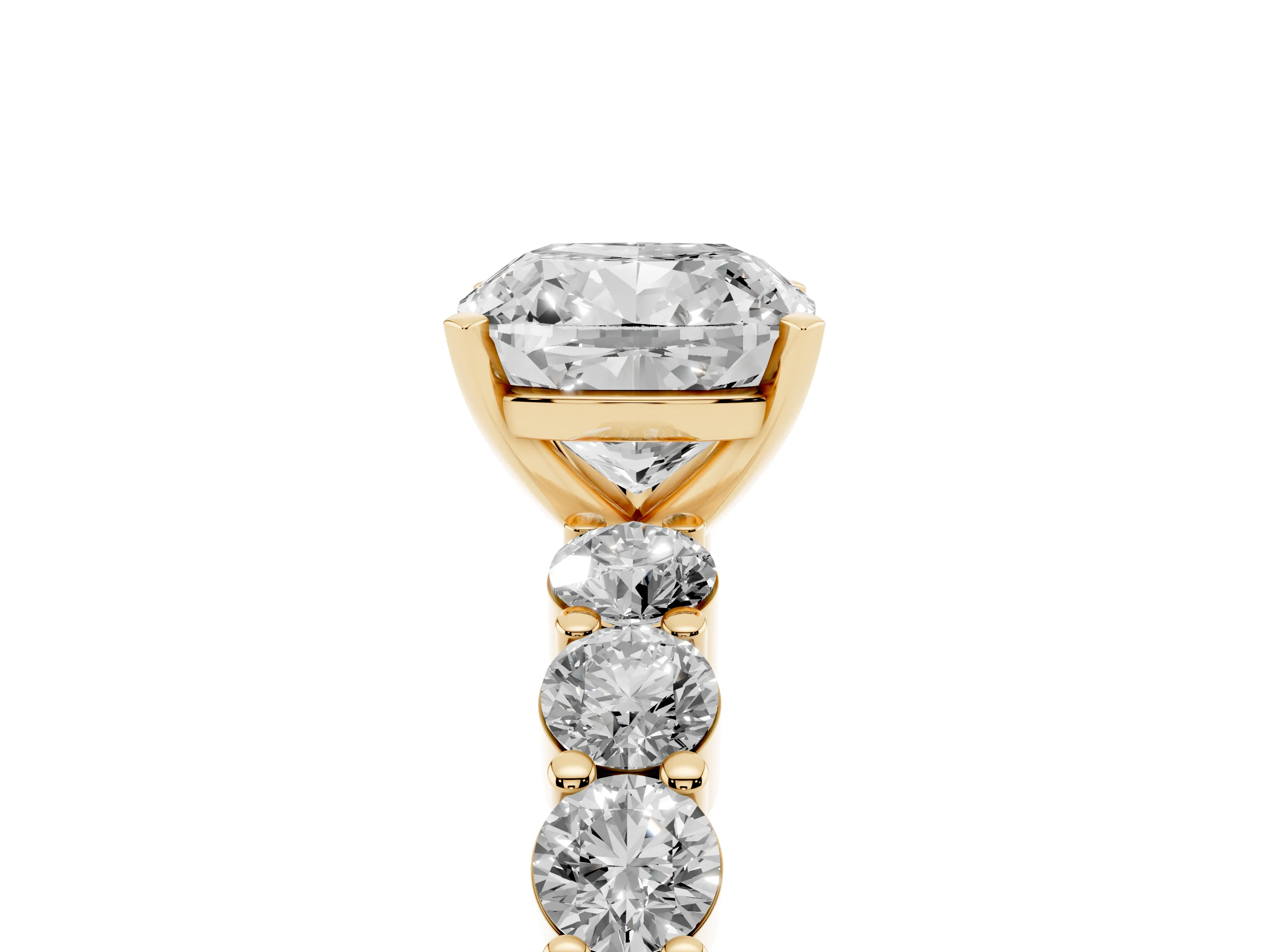 Cushion Cut Diamond Solitaire Ring Set in Yellow gold with Shared Prong Round Side Stones