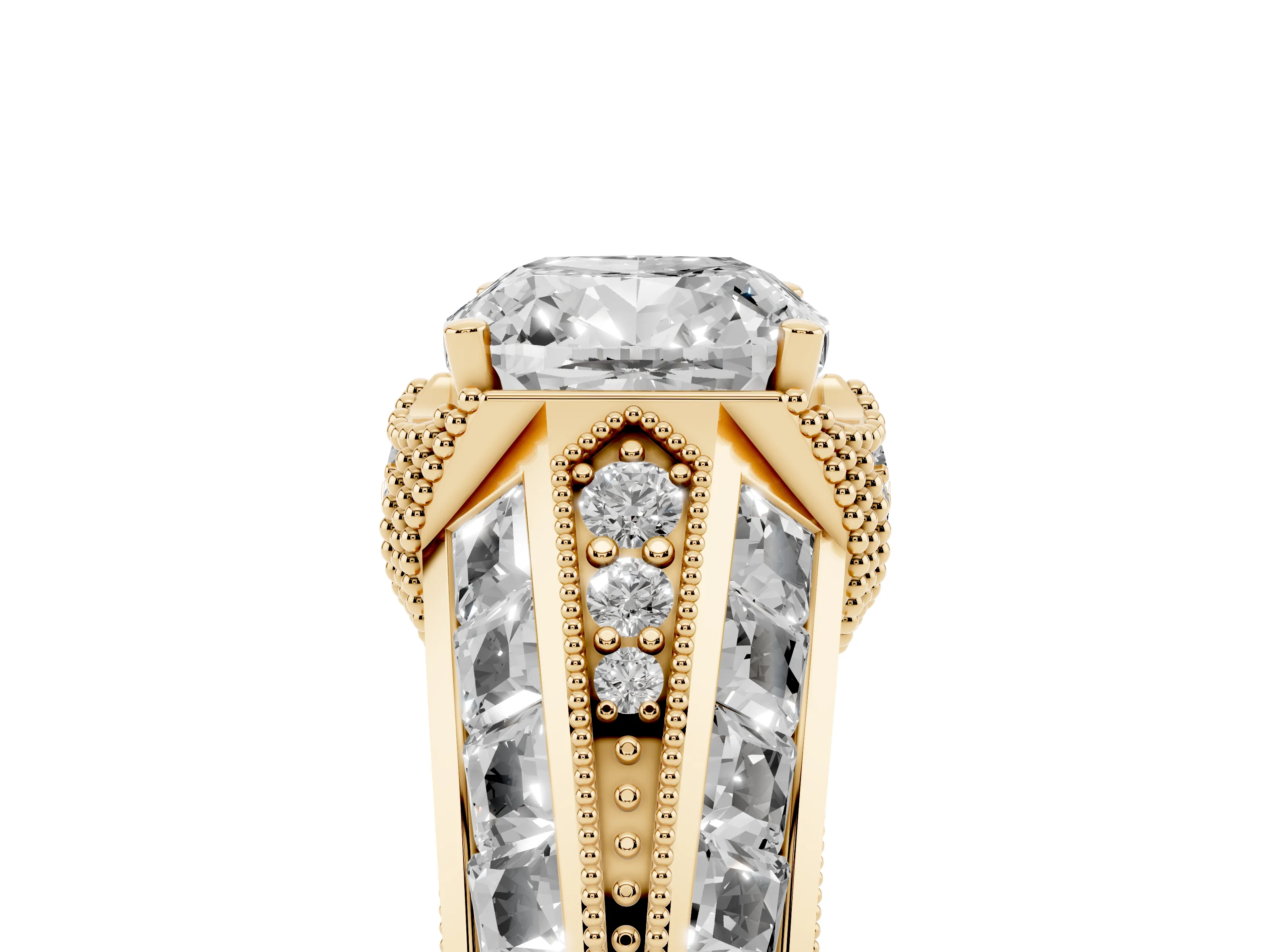 Cushion Cut Diamond Vintage-Inspired Milgrain Ring Set in Yellow gold with Accent Split Shank