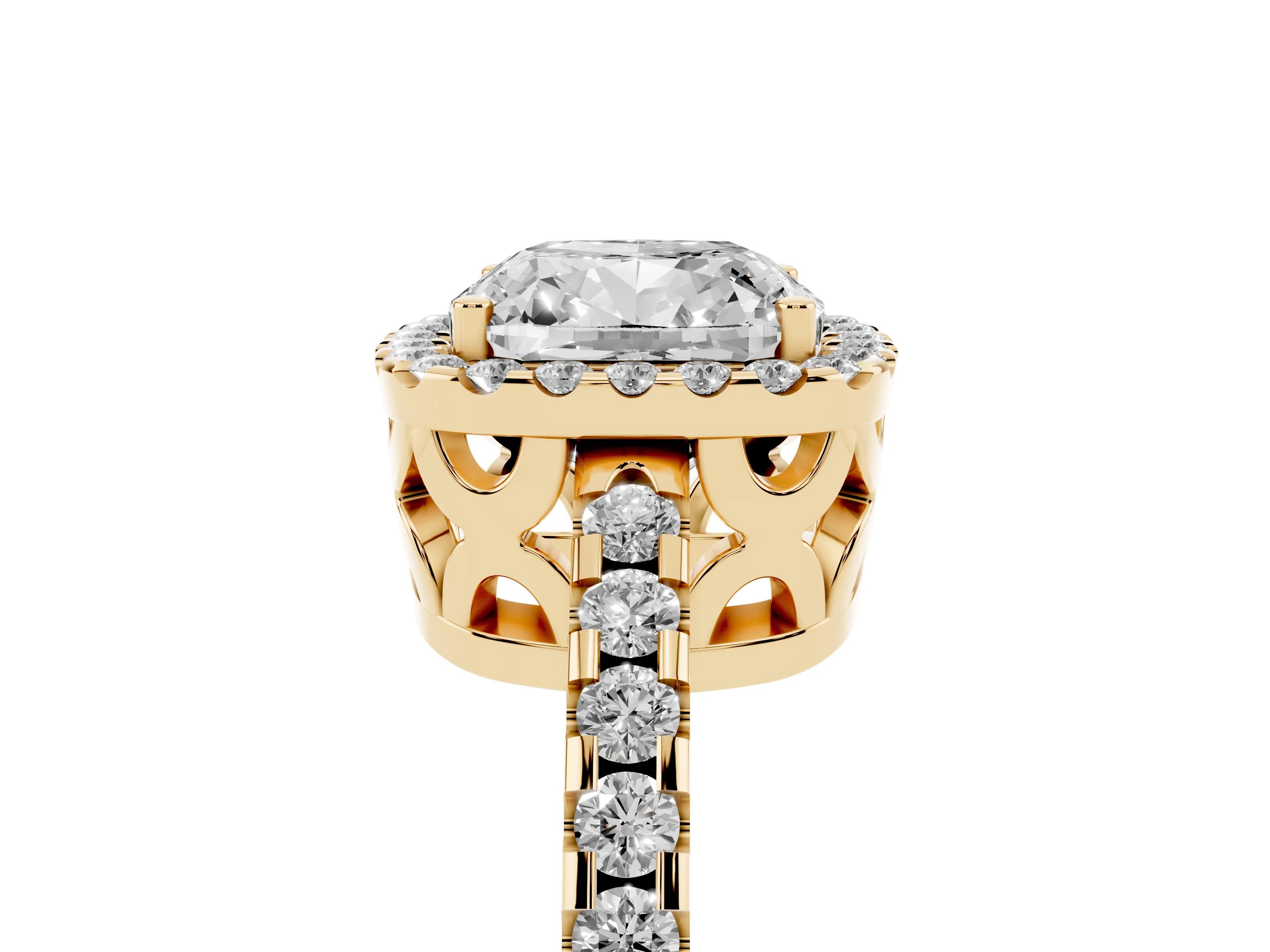 Cushion Cut Diamond Halo Ring Set in Yellow gold with Pavé Shoulders and Halo-Framed Center