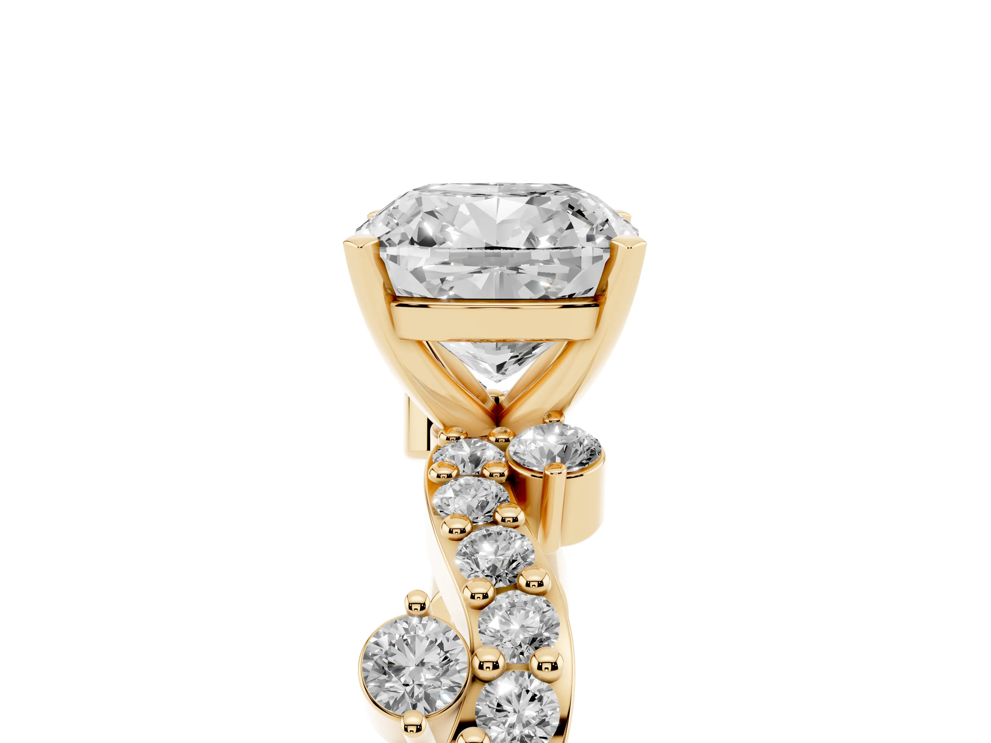 Cushion Cut Twisted Pavé Solitaire Engagement Ring Setting | Bar Stations | Yellow Gold