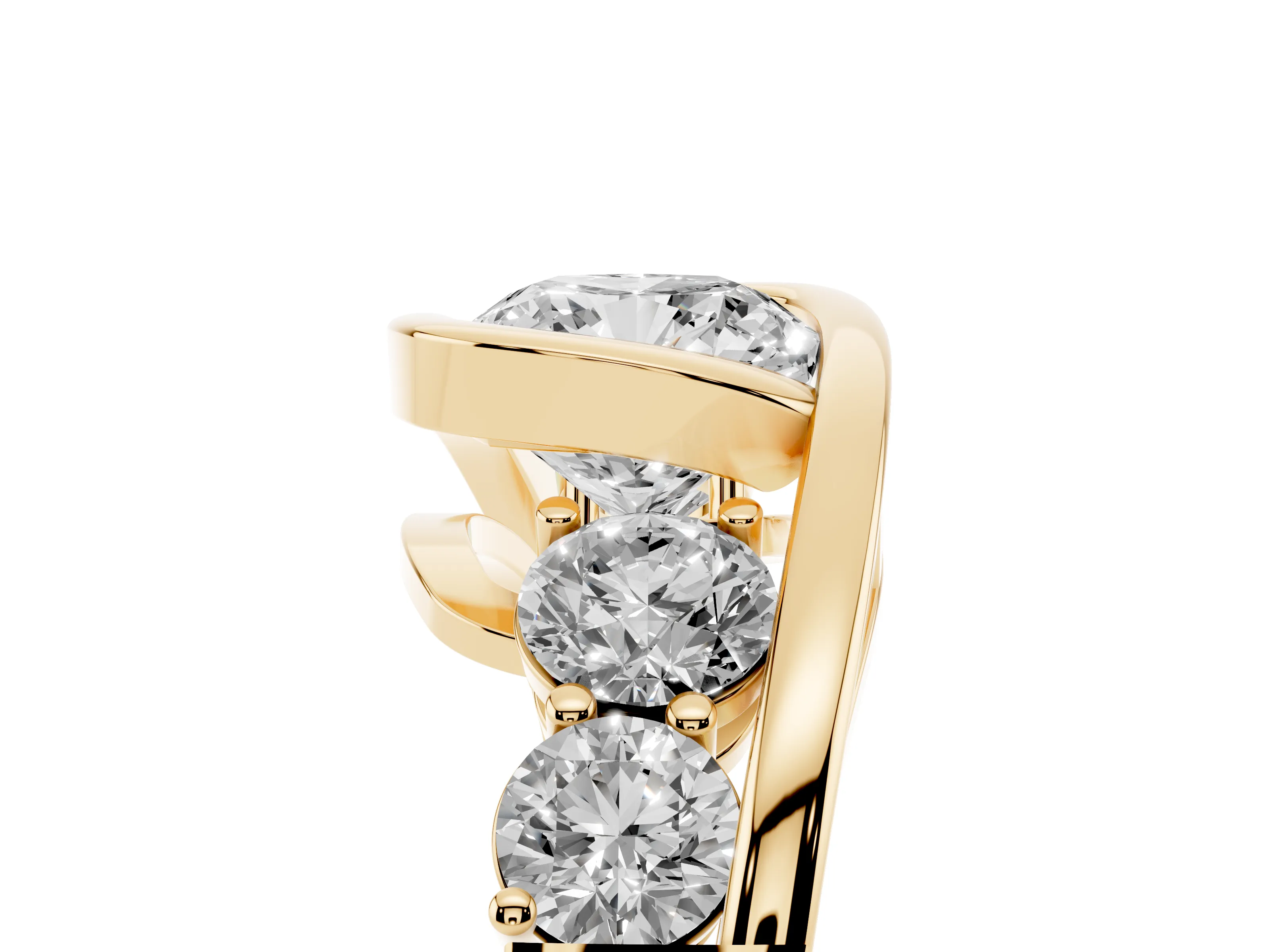 Cushion Cut Diamond Bezel Bypass Ring Set in Yellow gold with Round Accents