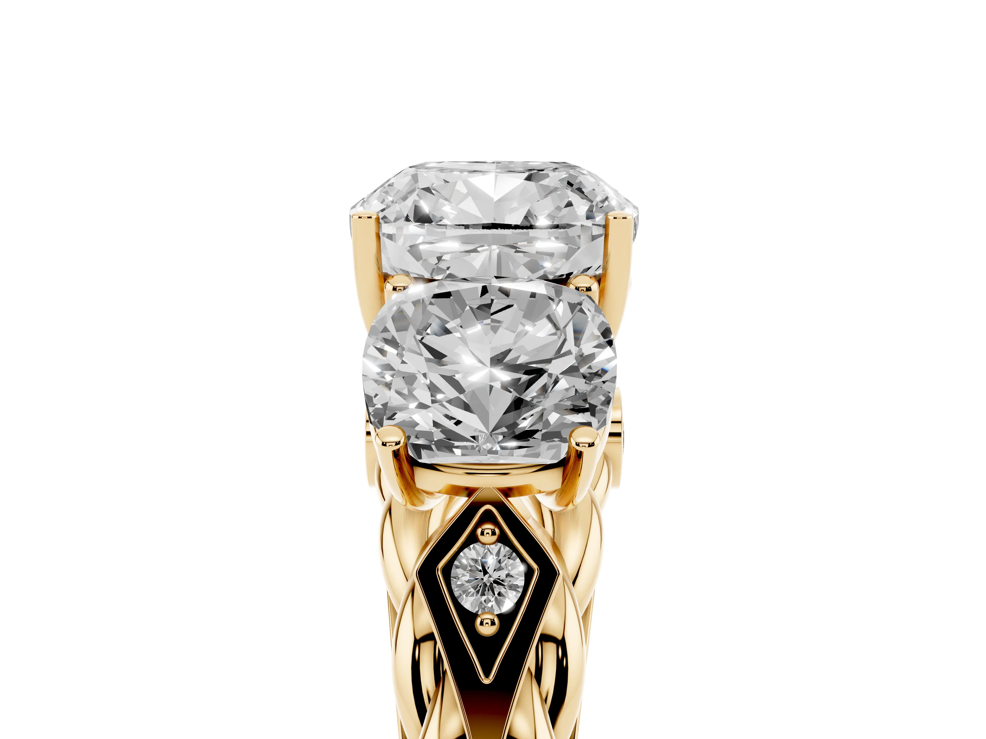 Cushion Cut Diamond Three-Stone Ring Set in Yellow gold with Braided Band