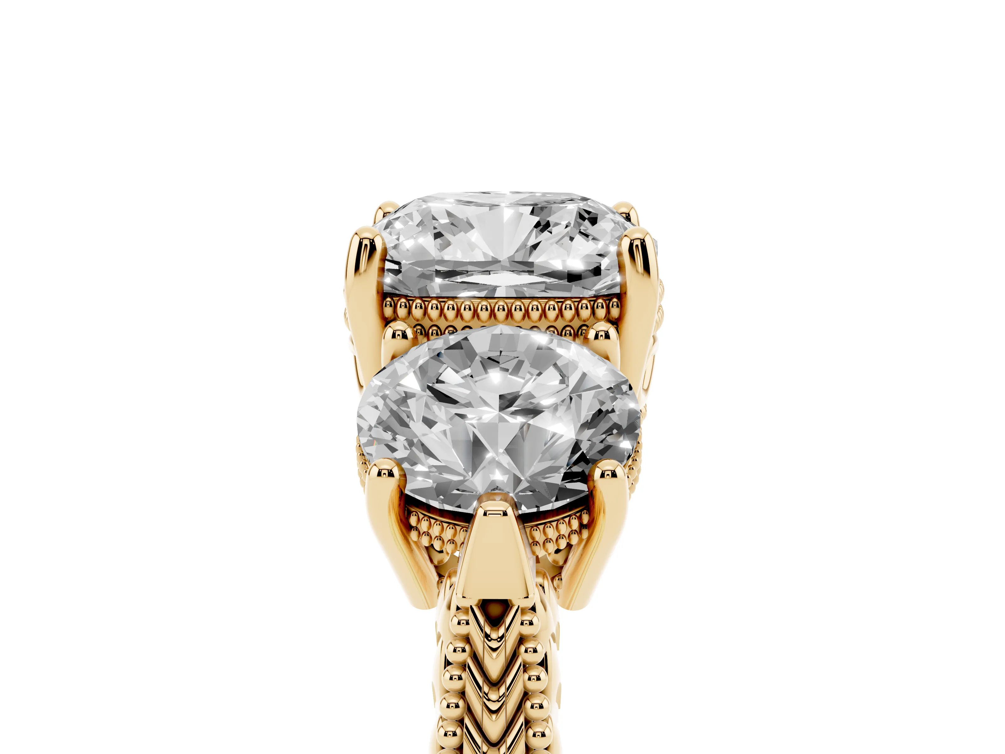 Cushion Cut Diamond Three-Stone Ring Set in Yellow gold with Milgrain Band
