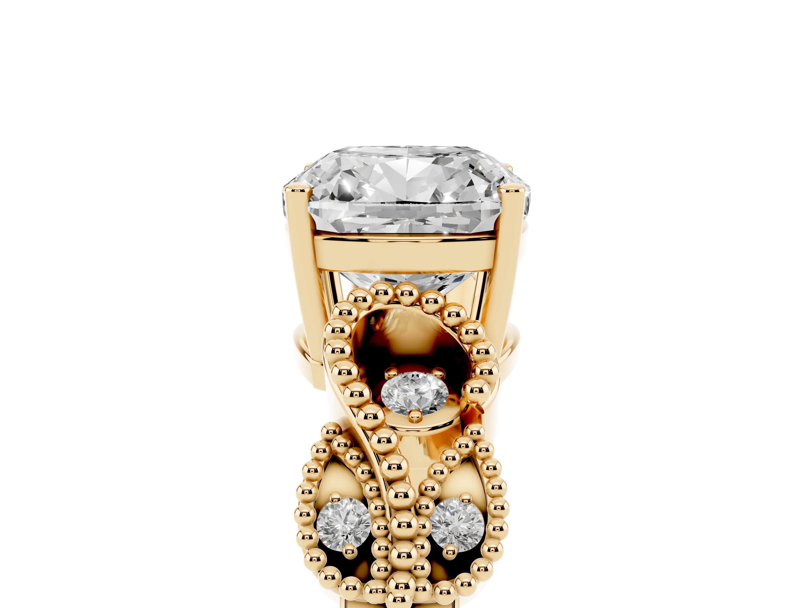 Cushion Cut Diamond Milgrain Leaf Band Solitaire Ring Set in Yellow gold with Accent Stones and Prong Setting