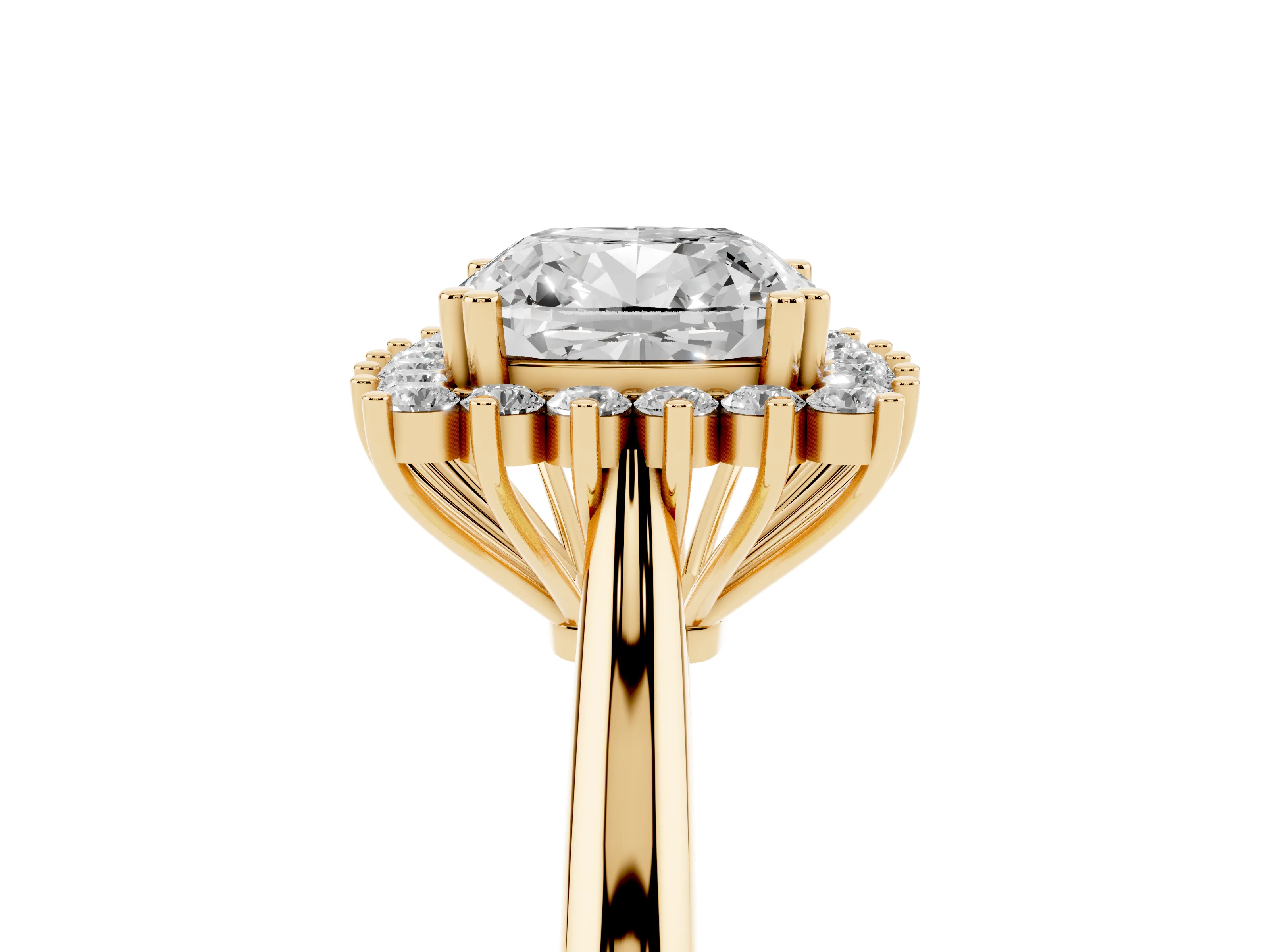Cushion Cut Diamond Halo Ring Set in Yellow gold with Plain Solitaire Band and Prong Setting