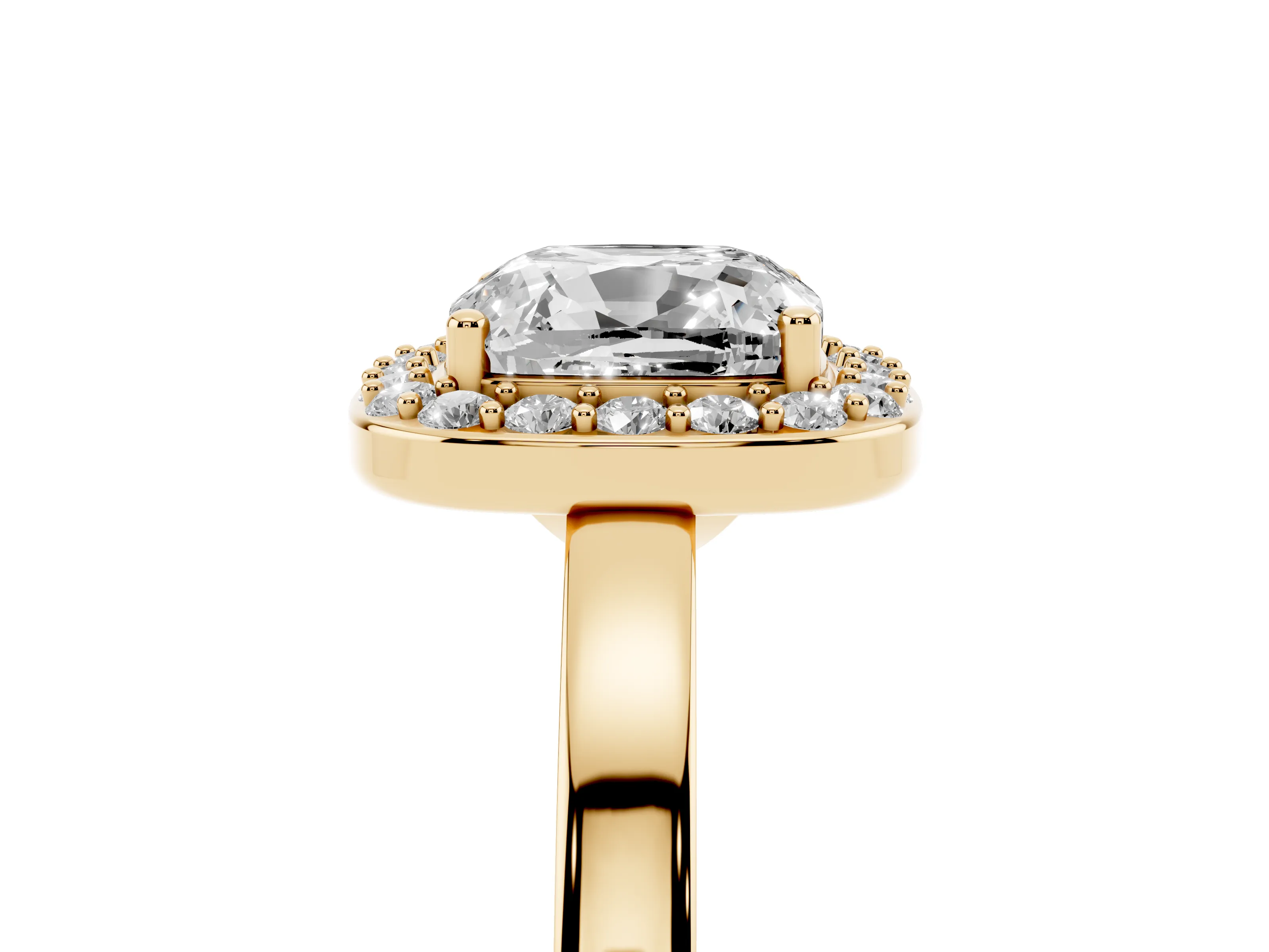 Cushion Cut Diamond Halo Ring Set in Yellow gold with Solitaire Band and Prong Setting
