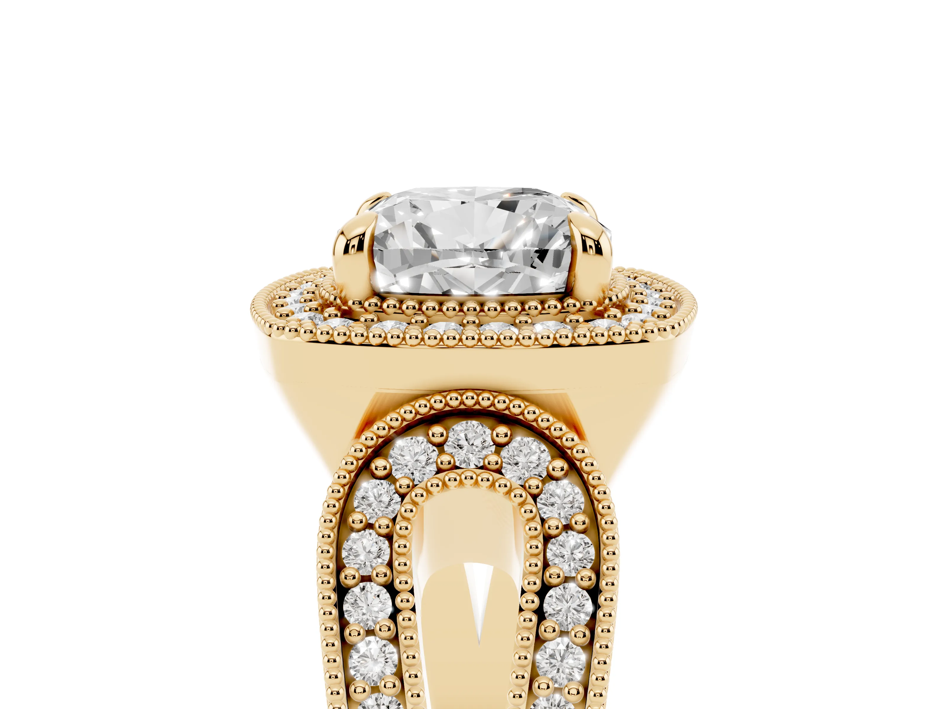 Cushion Cut Diamond Halo Ring Set in Yellow gold with Milgrain Accent Split Shank