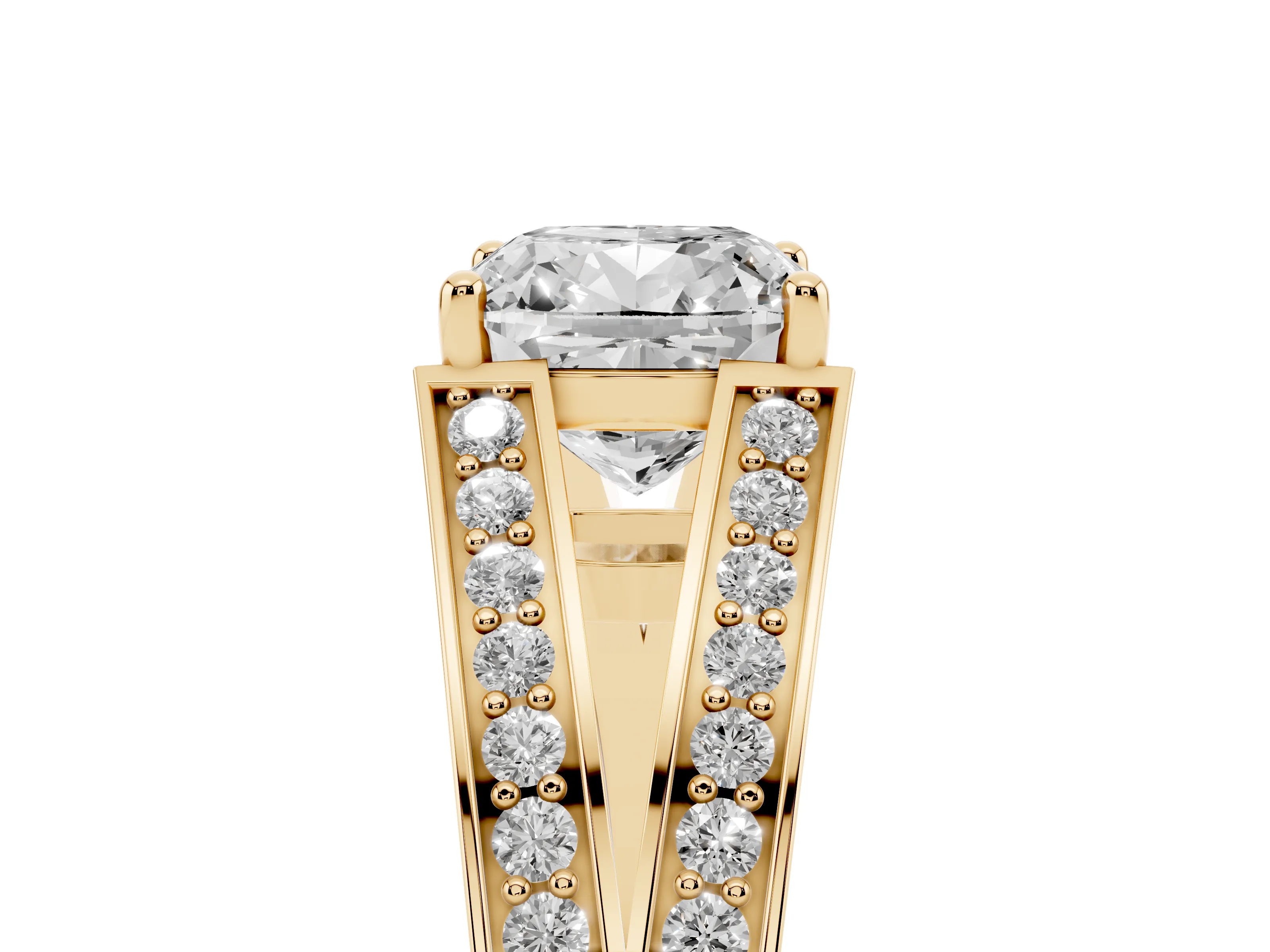 Cushion Cut Diamond Split Shank Ring Set in Yellow gold with Pavé Band and Prong Setting