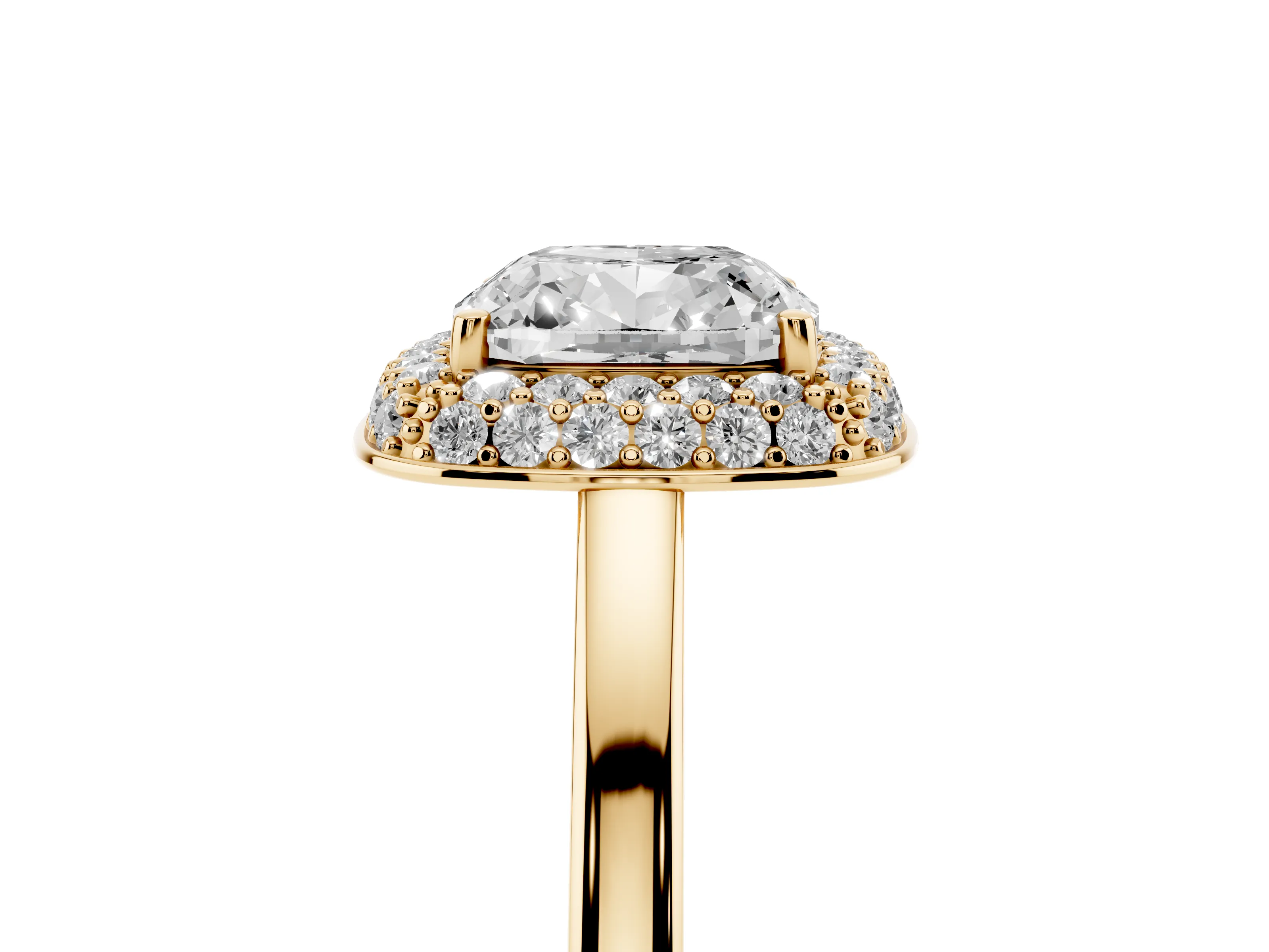 Cushion Cut Diamond Halo Engagement Ring Set in Yellow gold with Solitaire Band and Prong Setting