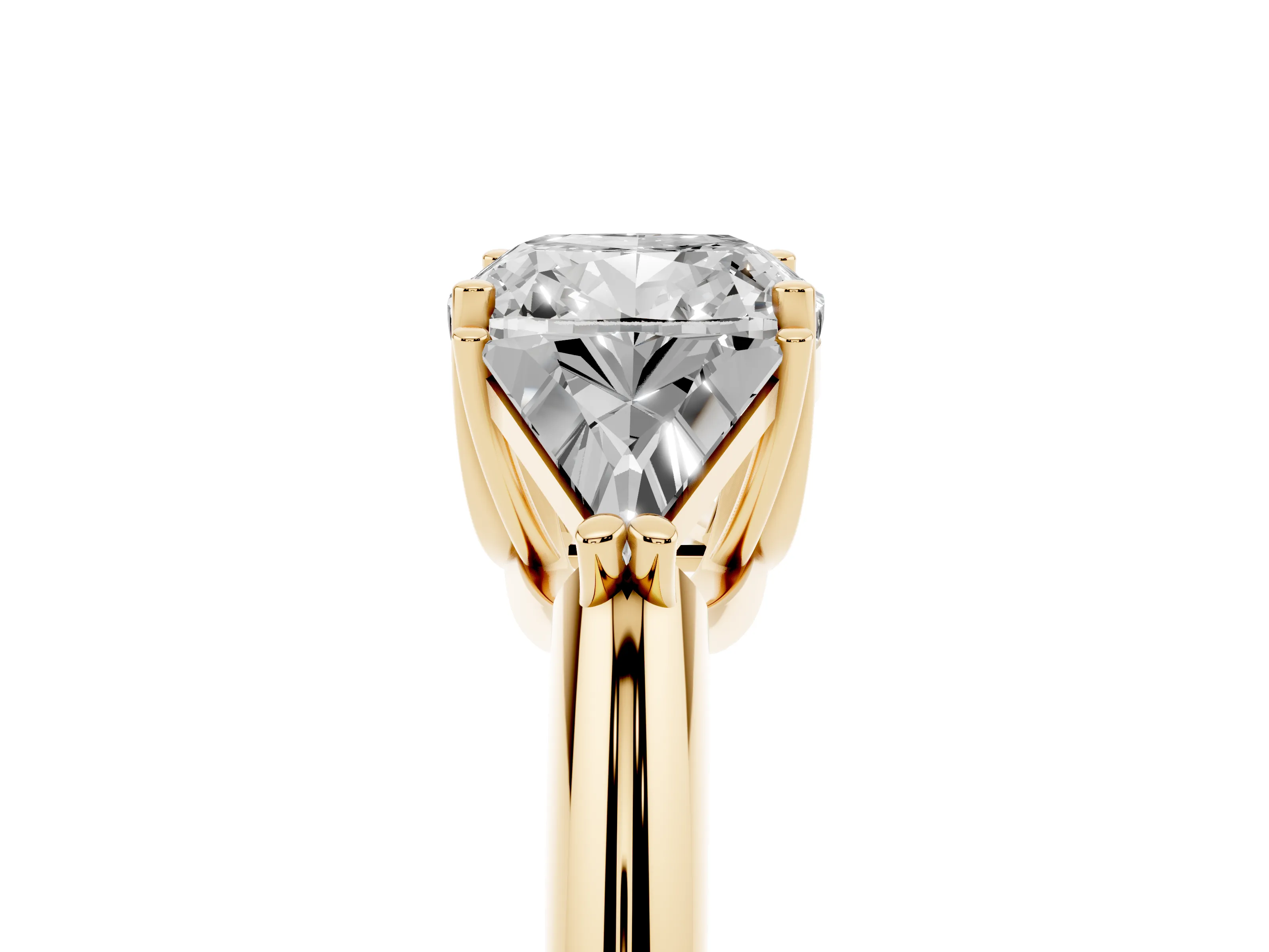 Cushion Cut Diamond Three-Stone Engagement Ring Set in Yellow gold with Trillion Side Stones