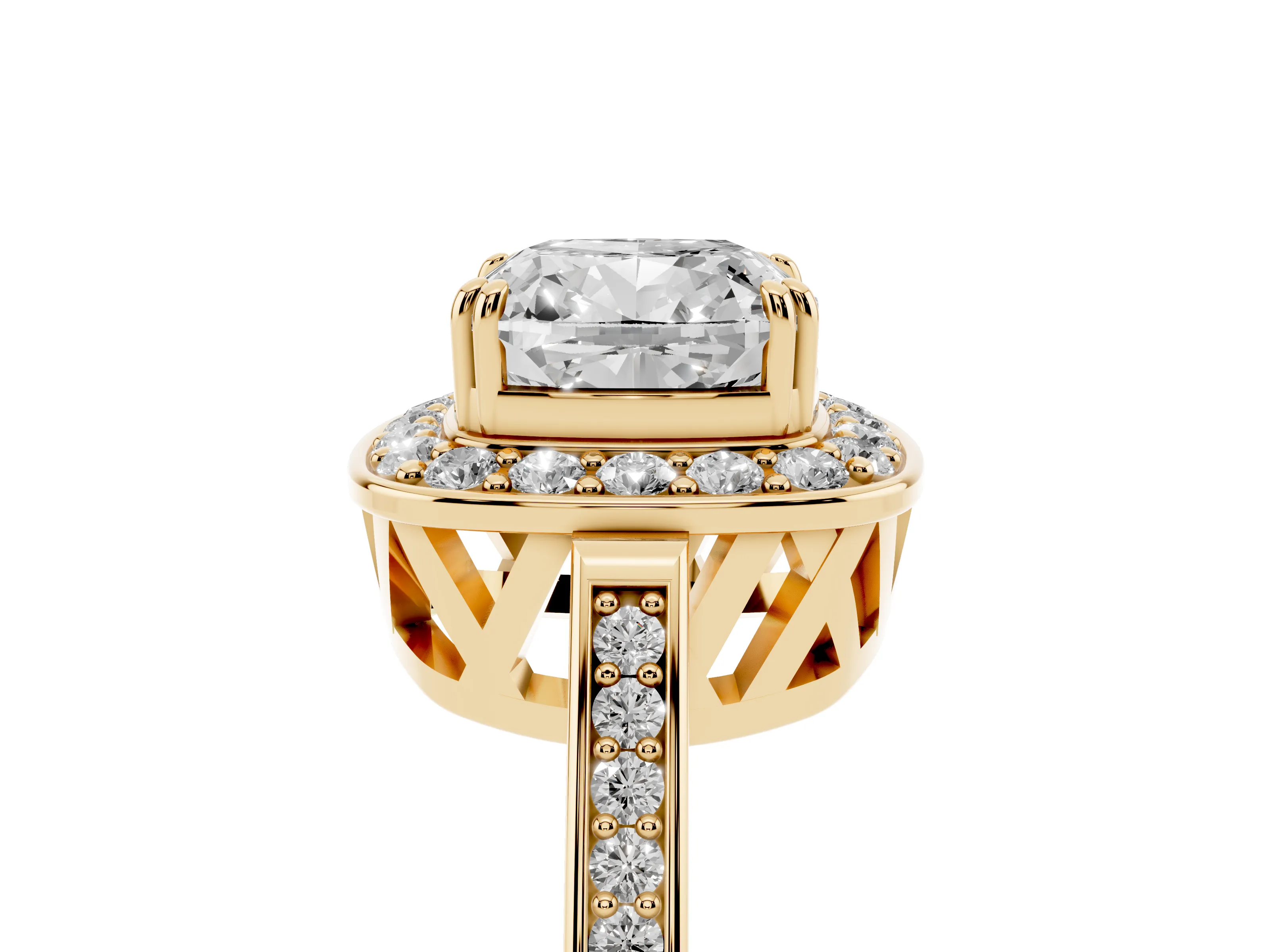 Cushion Cut Diamond Halo Ring Set in Yellow gold with Accent-Lined Split Shank and Prong Setting