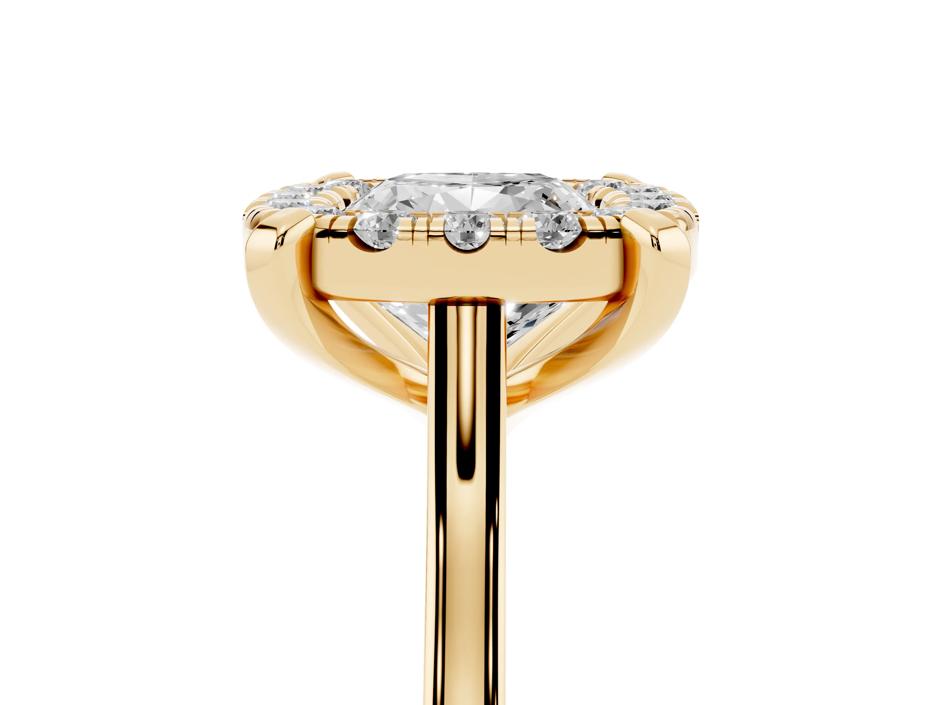 Cushion Cut Diamond Cluster Halo Solitaire Ring Set in Yellow gold with Prong Setting