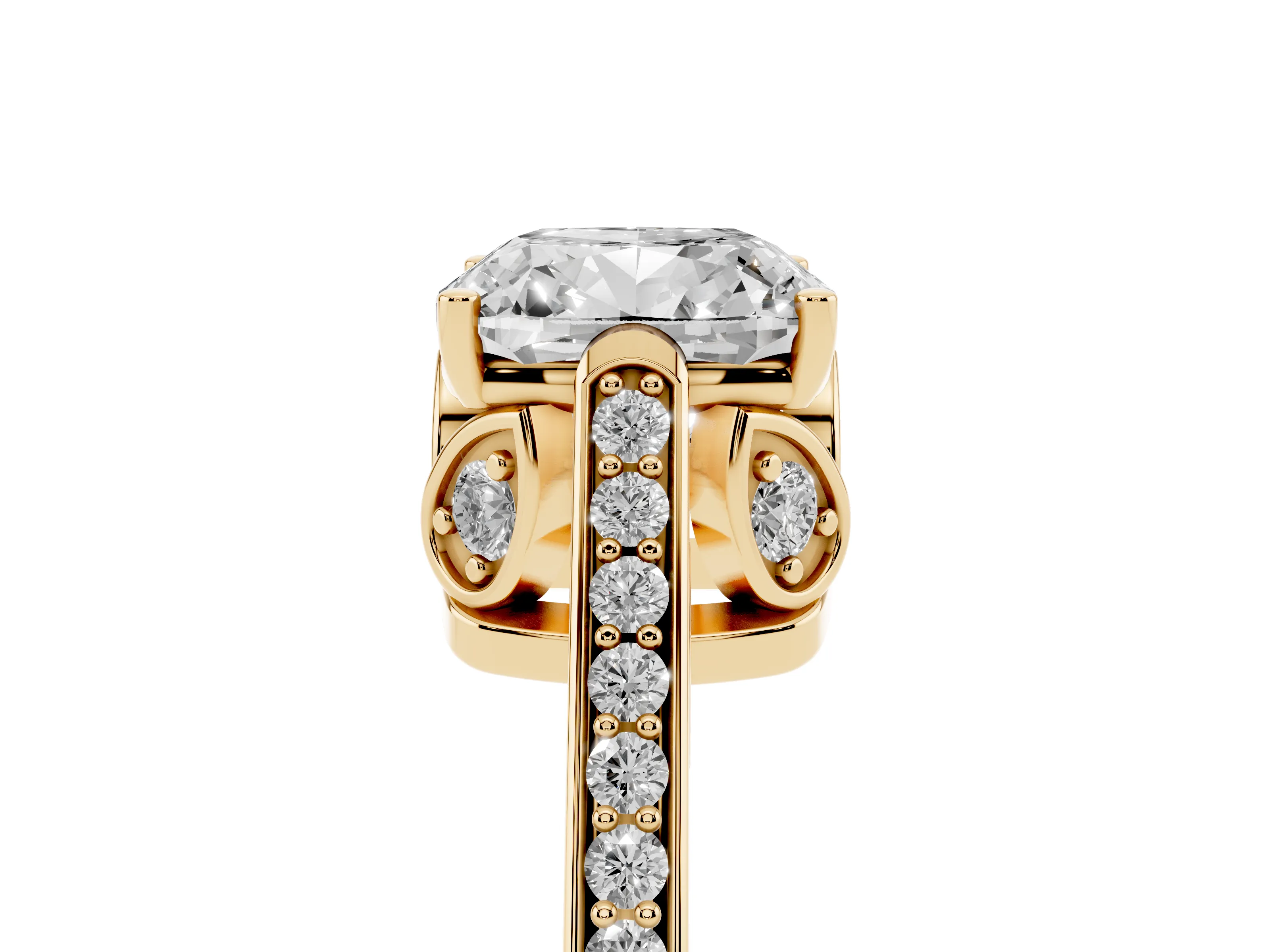 Cushion Cut Diamond Cathedral Pavé Engagement Ring Set in Yellow gold with Prong Setting