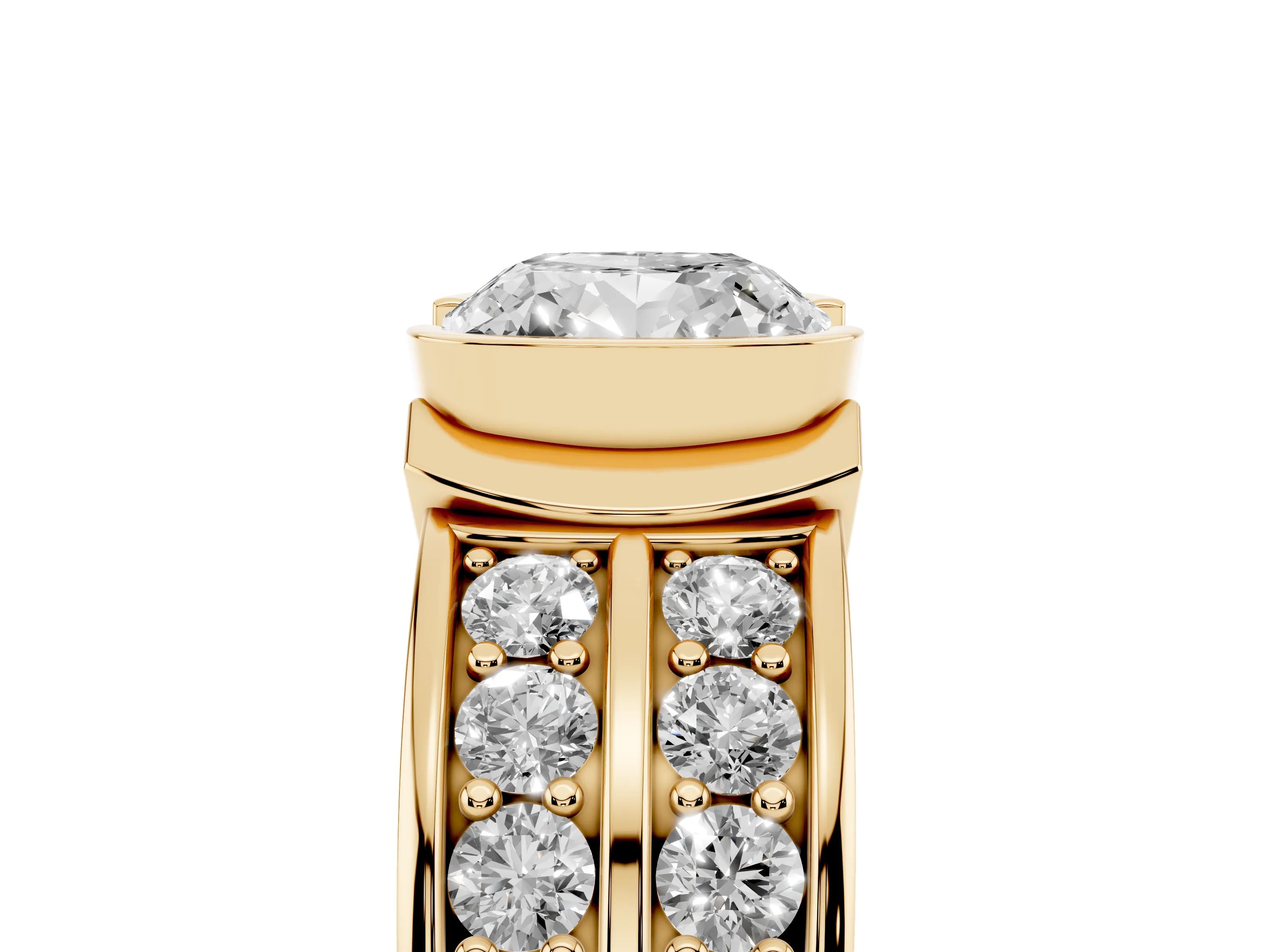 Cushion Cut Diamond Wide Channel Set Band Ring Set in Yellow gold with Bezel Setting