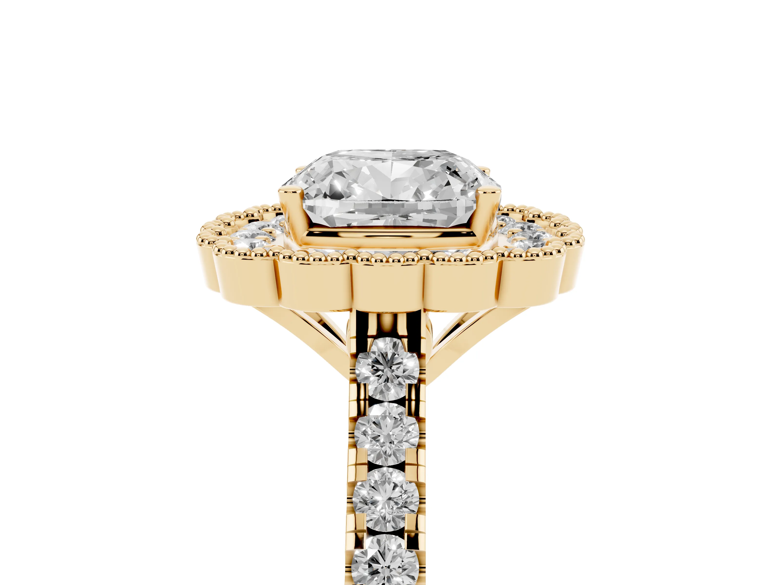 Cushion Cut Diamond Milgrain Floral Halo Engagement Ring Set in Yellow gold with Pavé Band