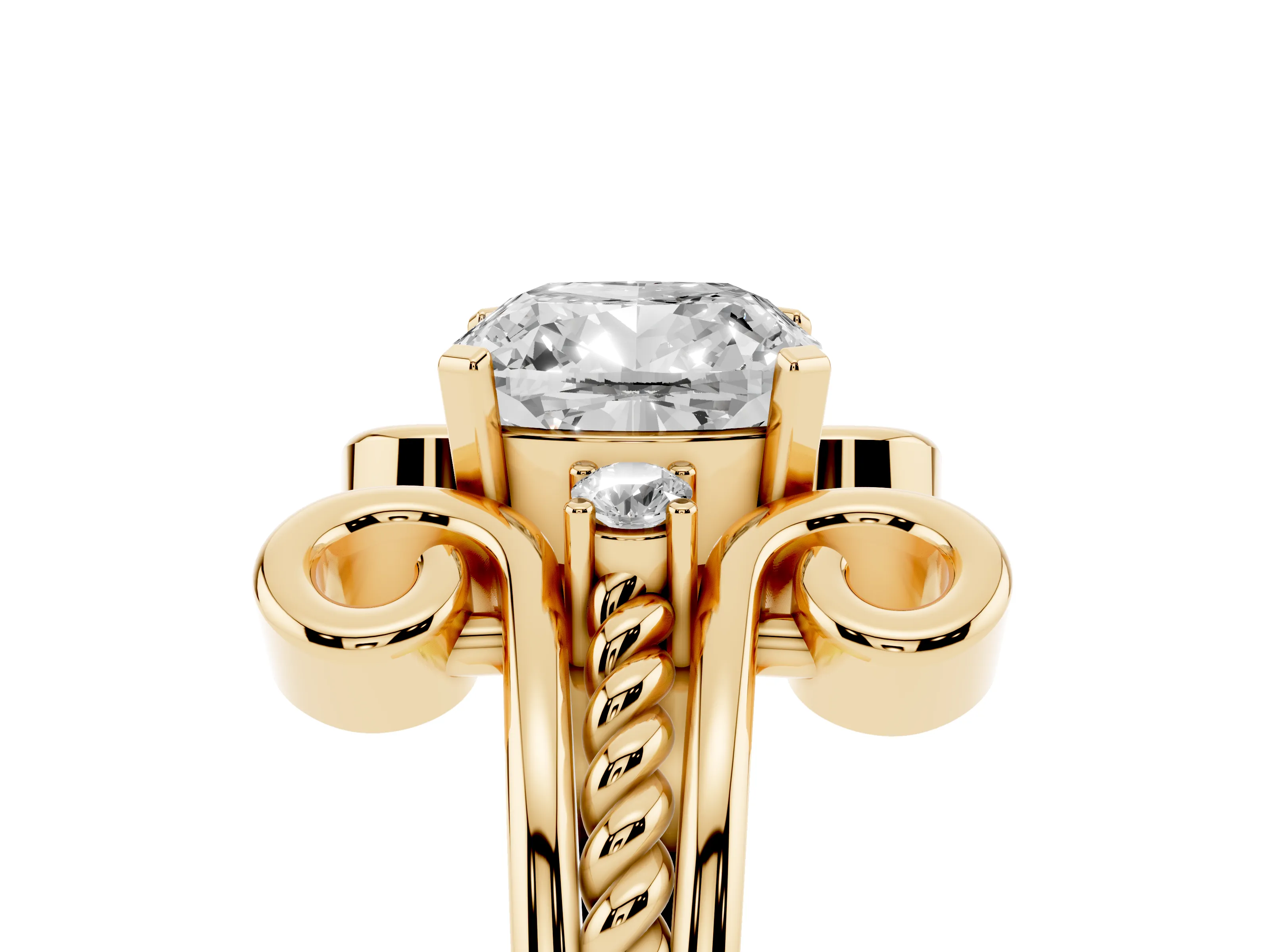 Cushion Cut Diamond Twisted Band Solitaire Ring Set in Yellow gold with Scroll Prongs