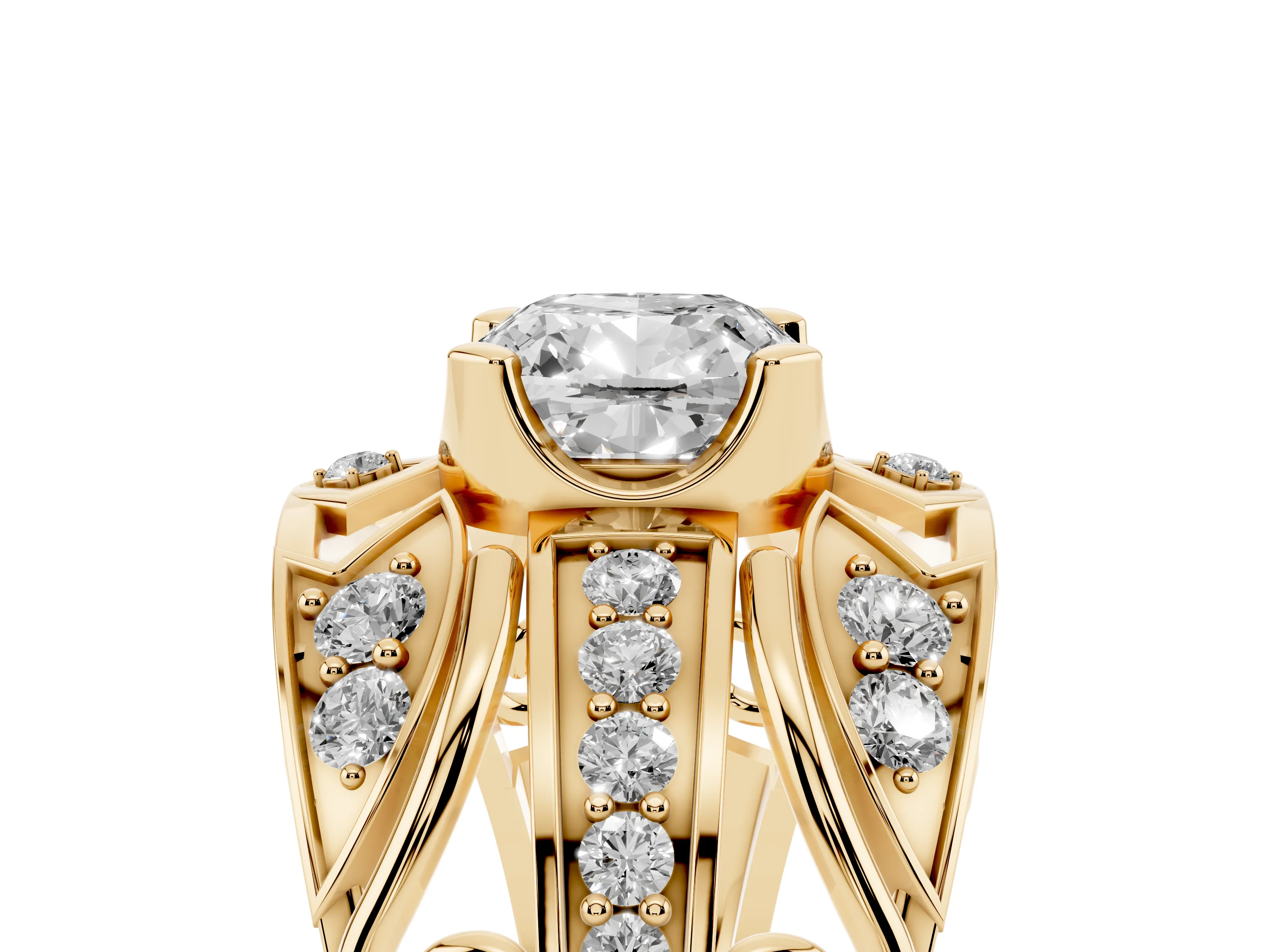 Cushion Cut Diamond Art Deco Ring Set in Yellow gold with Pavé Split Shank