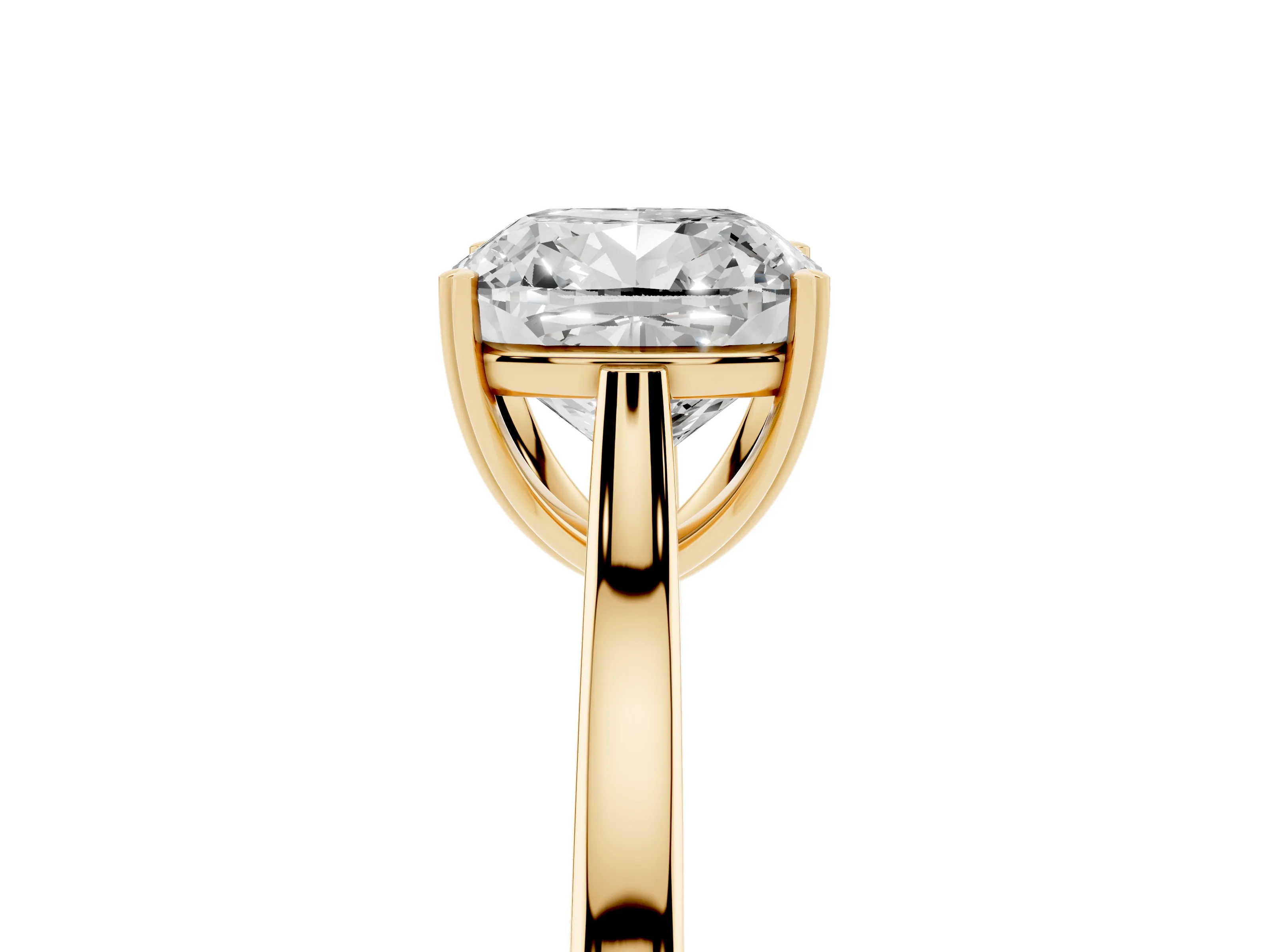 Cushion Cut Diamond Solitaire Heart Prong Engagement Ring Set in Yellow gold with Tapered Band