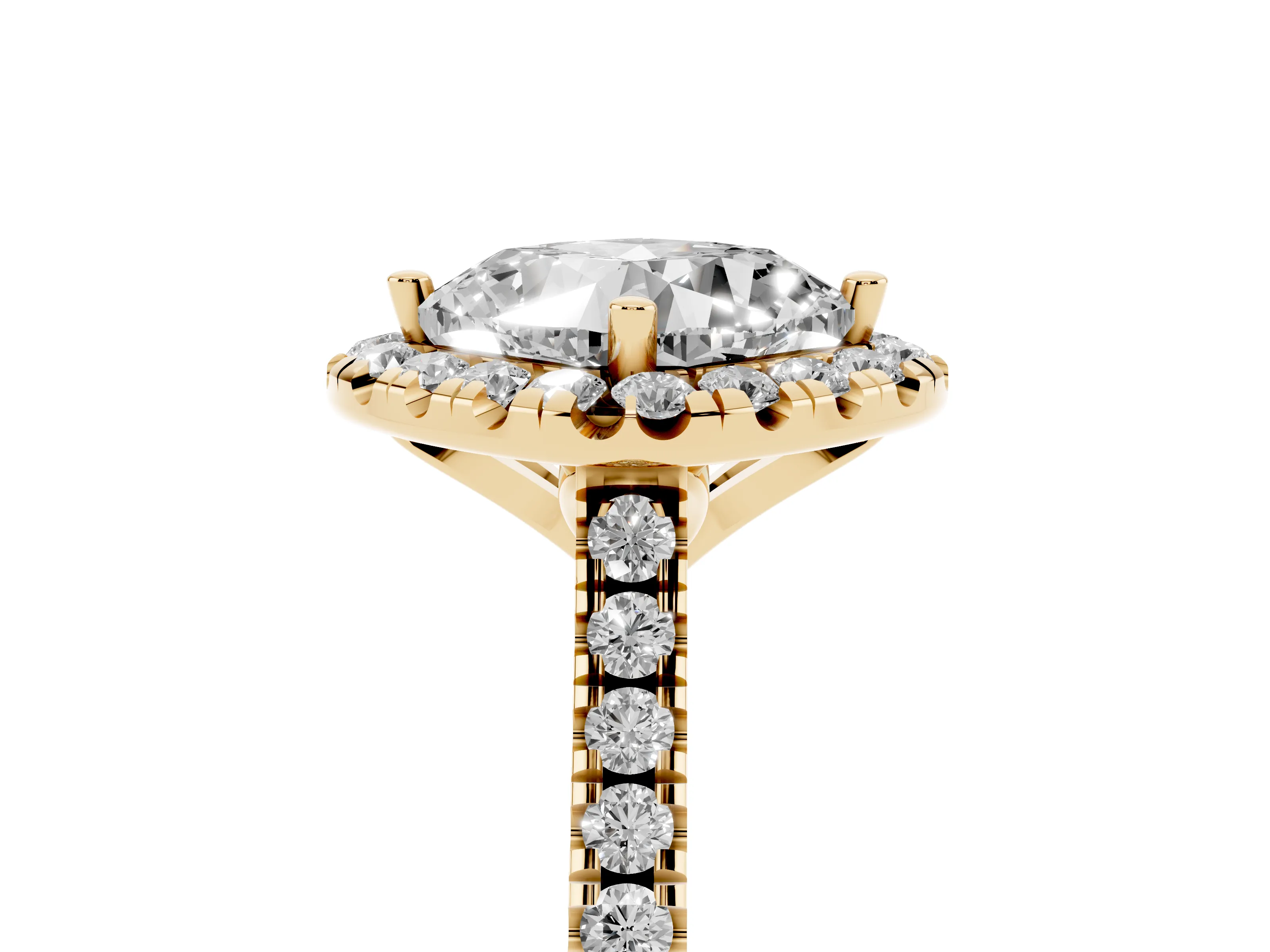 Cushion Cut Diamond Cushion Halo Ring Set in Yellow gold with Pavé Band