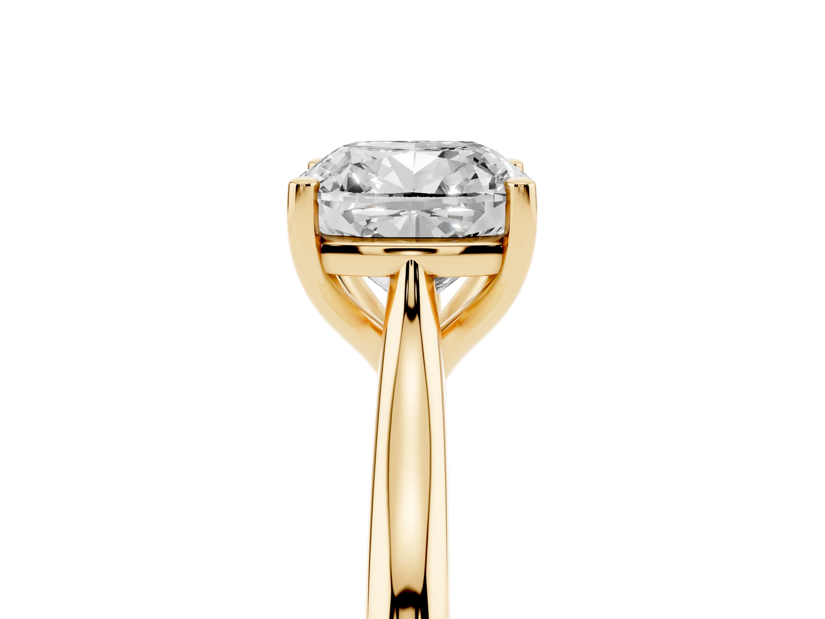 Cushion Cut Diamond Solitaire Ring Set in Yellow gold with Cathedral Band and Prong Setting
