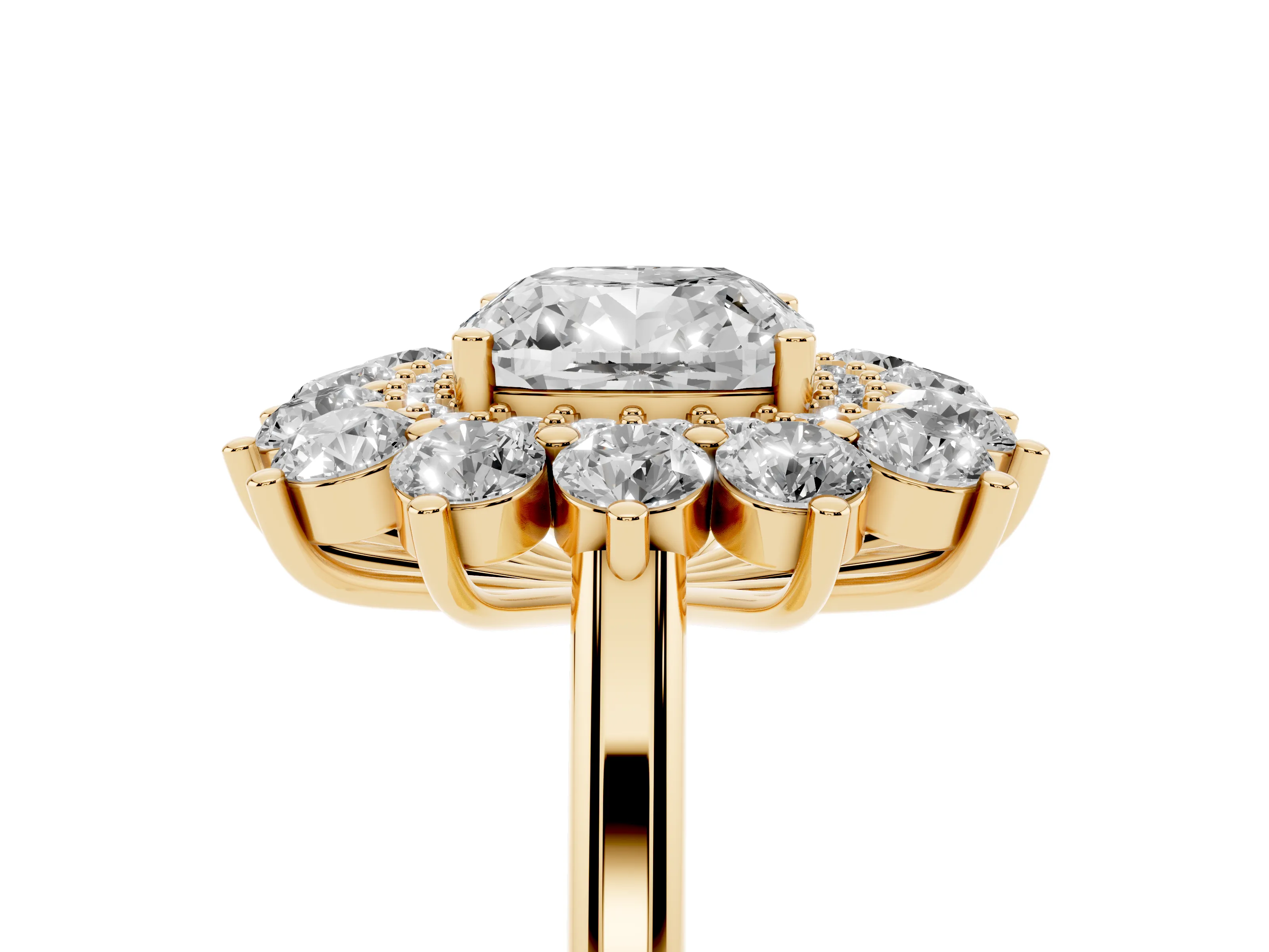 Cushion Cut Diamond Floral Double Halo Ring Set in Yellow gold with Round Petals