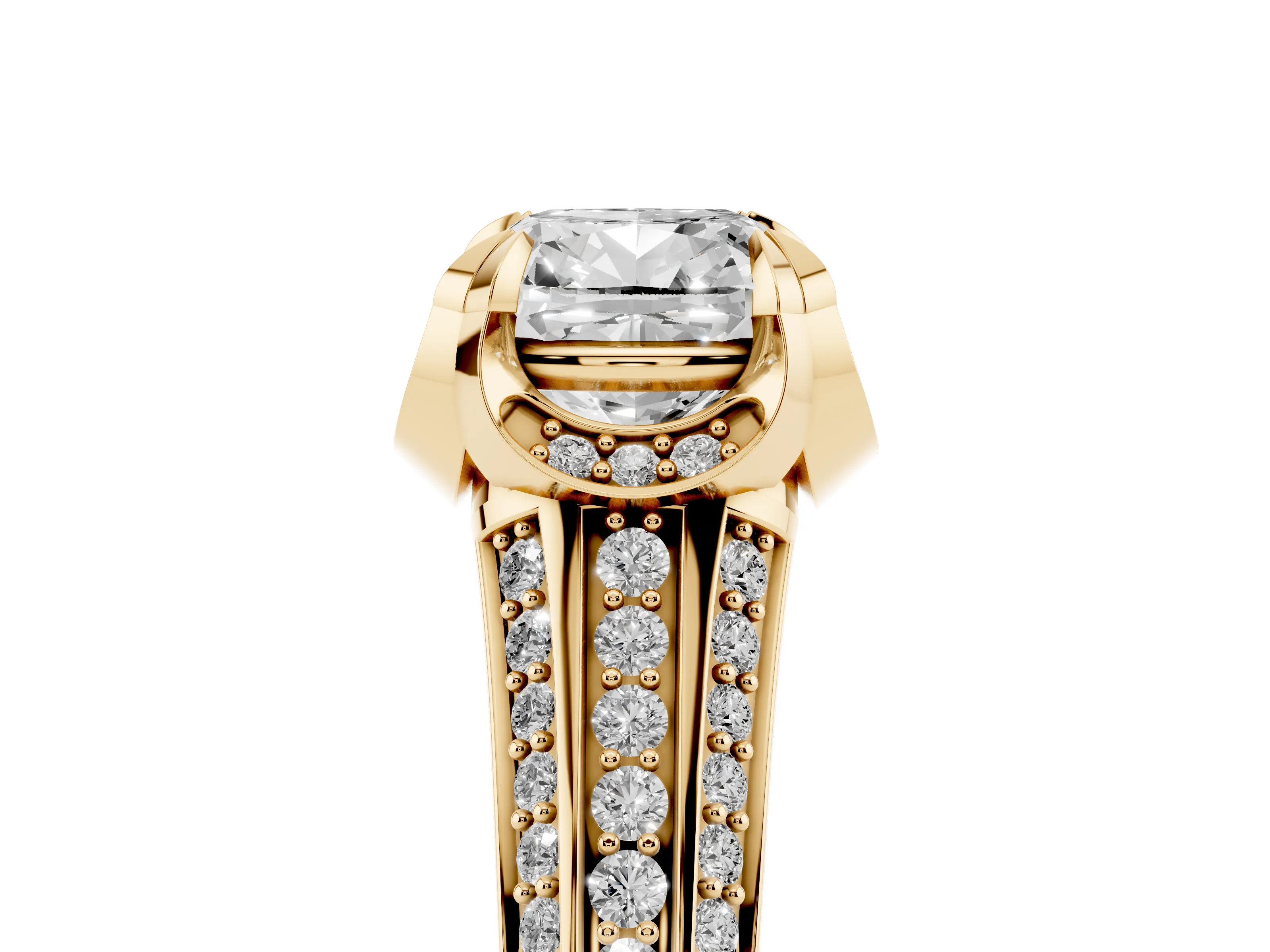 Cushion Cut Diamond Pavé Split Shank Solitaire Ring Set in Yellow gold with Prong Setting