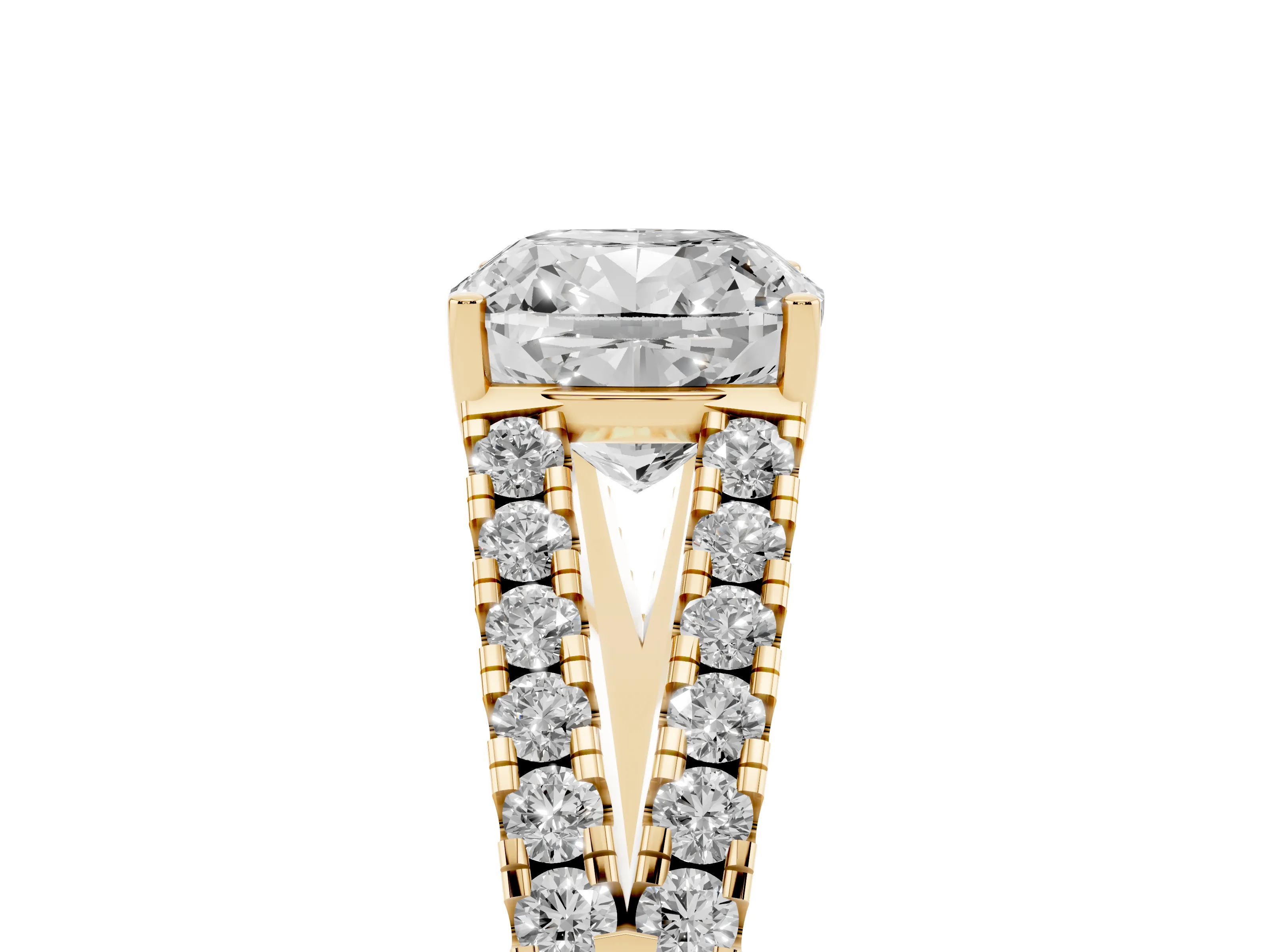 Cushion Cut Diamond Split Shank Pavé Engagement Ring Set in Yellow gold with Prong-Held Center Stone