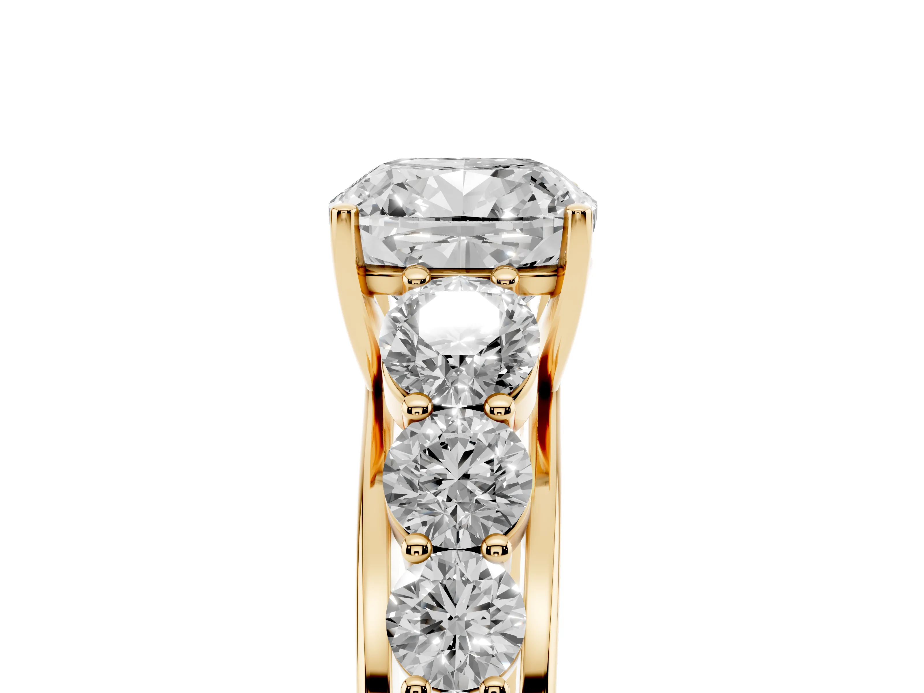 Cushion Cut Diamond Solitaire Ring Set in Yellow gold with Pavé-Set Band and Prong Setting