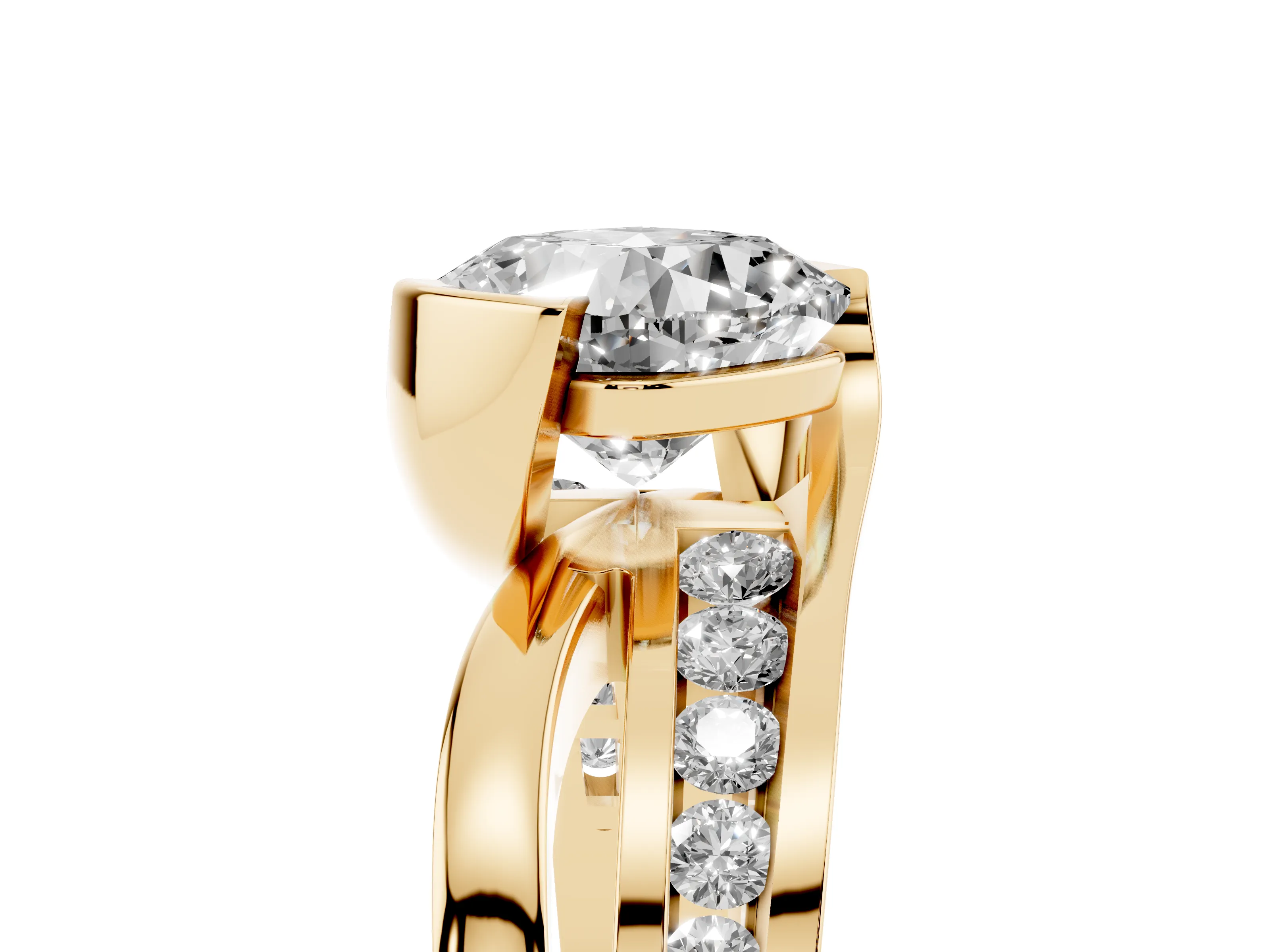 Cushion Cut Diamond Solitaire Ring Set in Yellow gold with Channel Set Split Shank and Tension Prongs