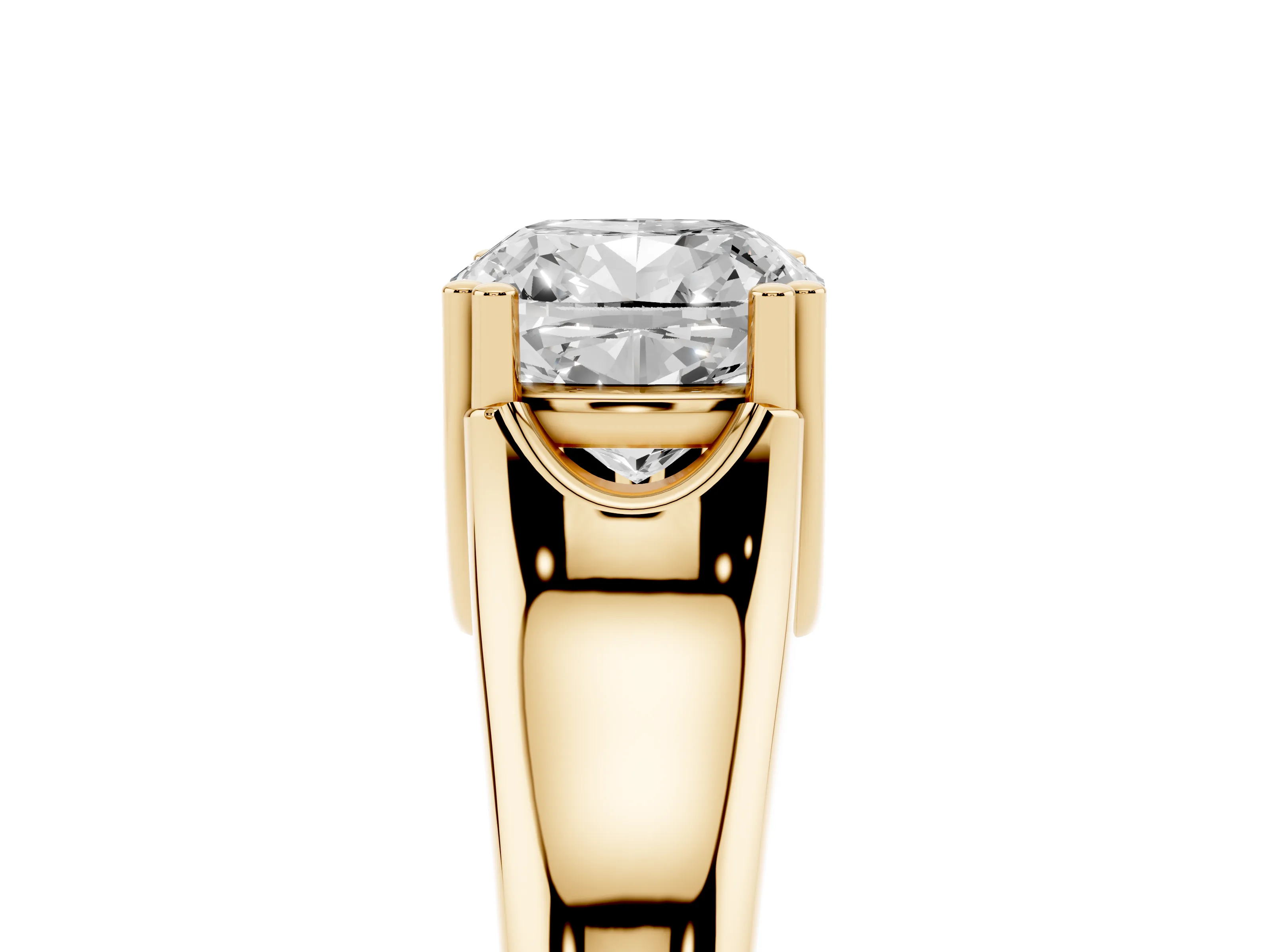 Cushion Cut Diamond Solitaire Ring Set in Yellow gold with Wide Band and Prong Setting