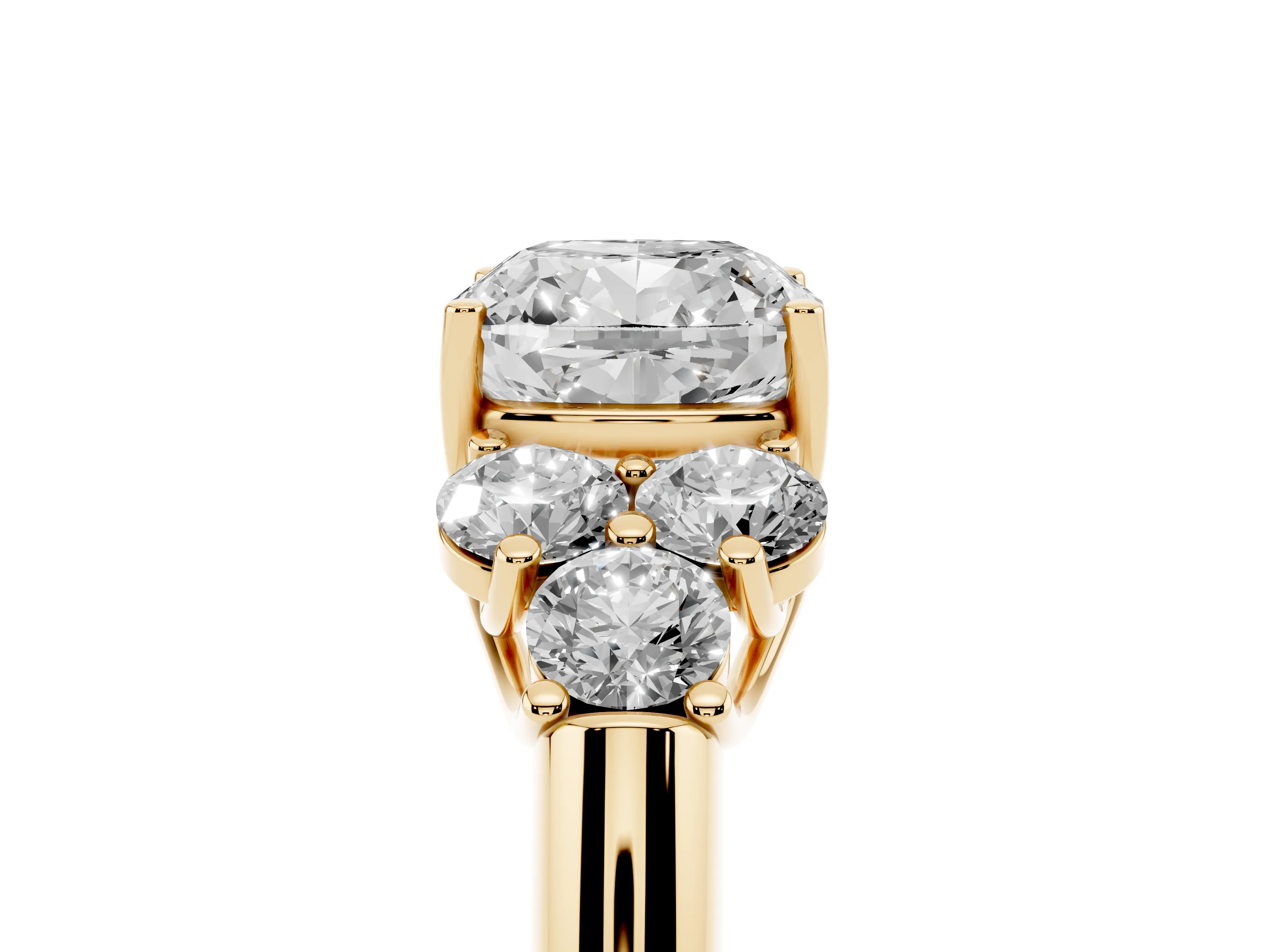 Cushion Cut Diamond Cluster Ring Set in Yellow gold with Round Accent Stones and Prong Setting on a Plain Band