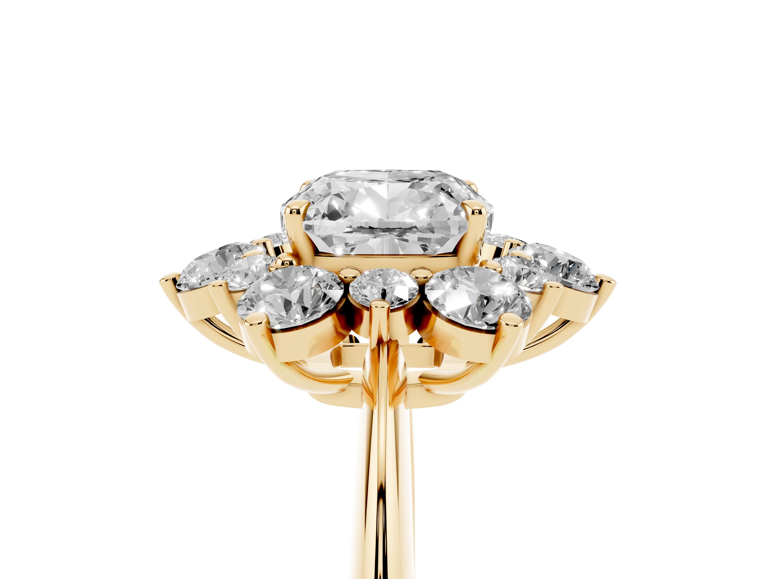 Cushion Cut Diamond Cluster Halo Ring Set in Yellow gold with Solitaire Band and Prong Setting