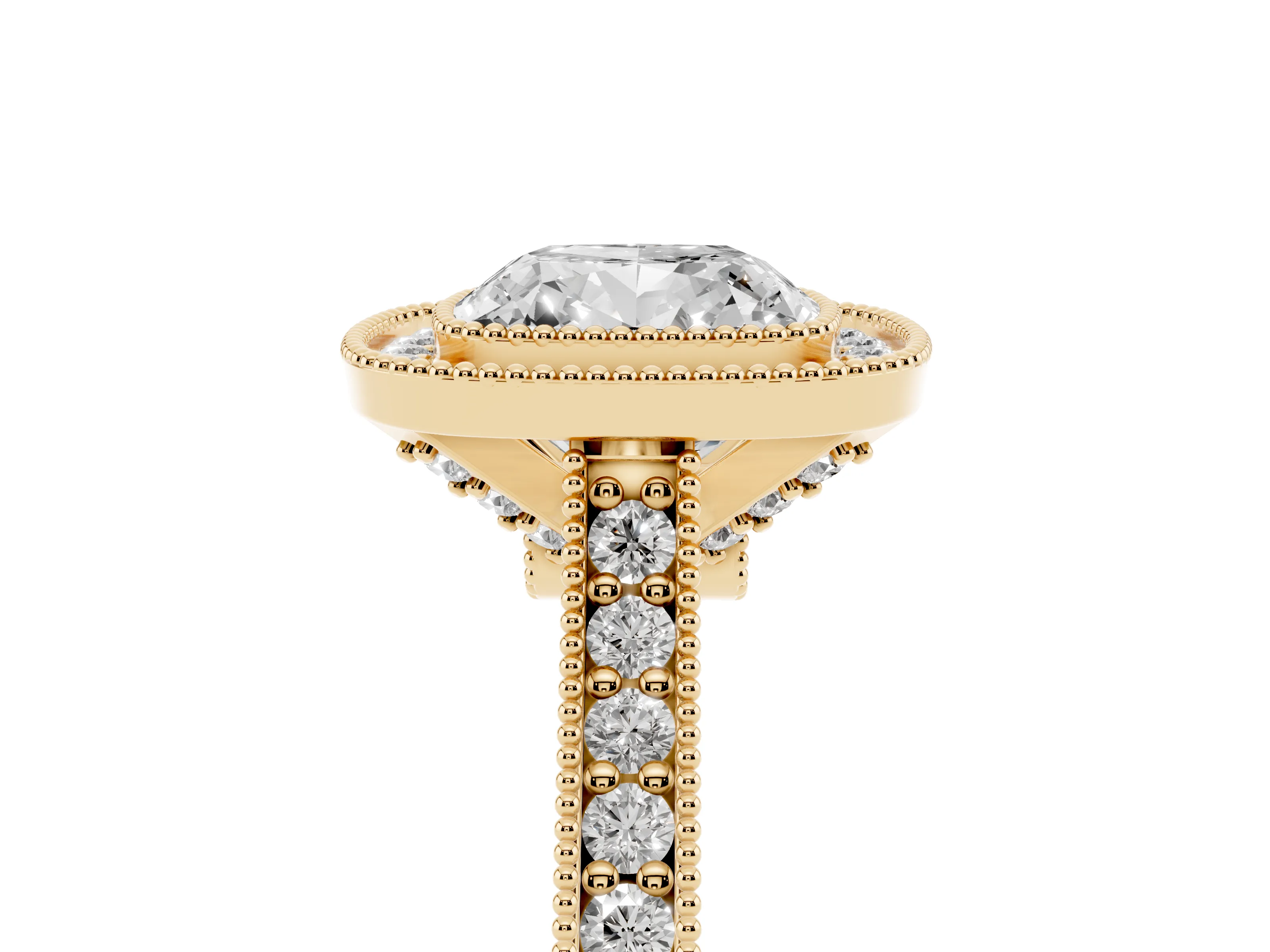 Cushion Cut Diamond Halo Milgrain Pavé Band Ring Set in Yellow gold with Prong Setting