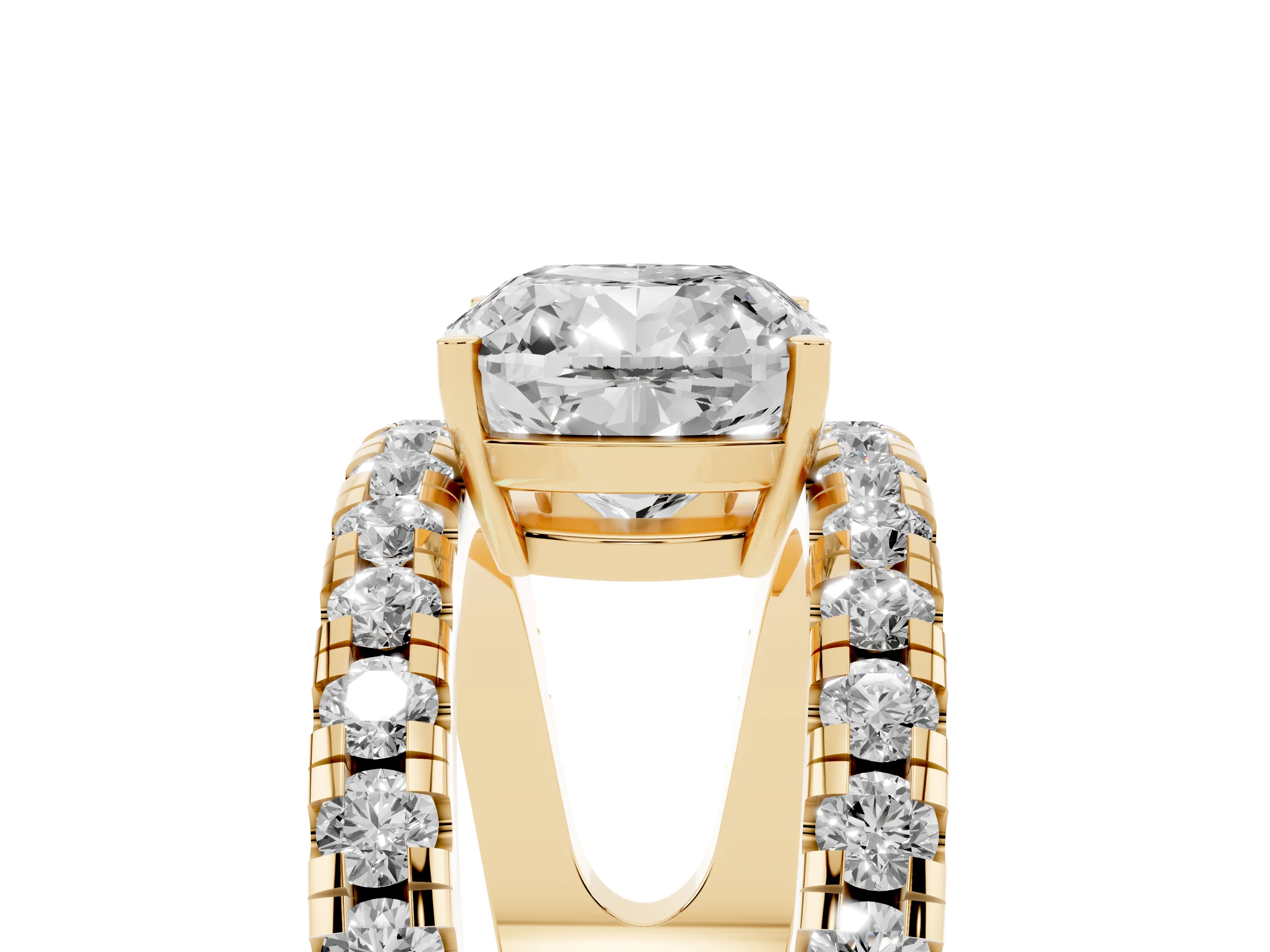 Cushion Cut Diamond Split Shank Pavé Solitaire Ring Set in Yellow gold with Open Shank Design
