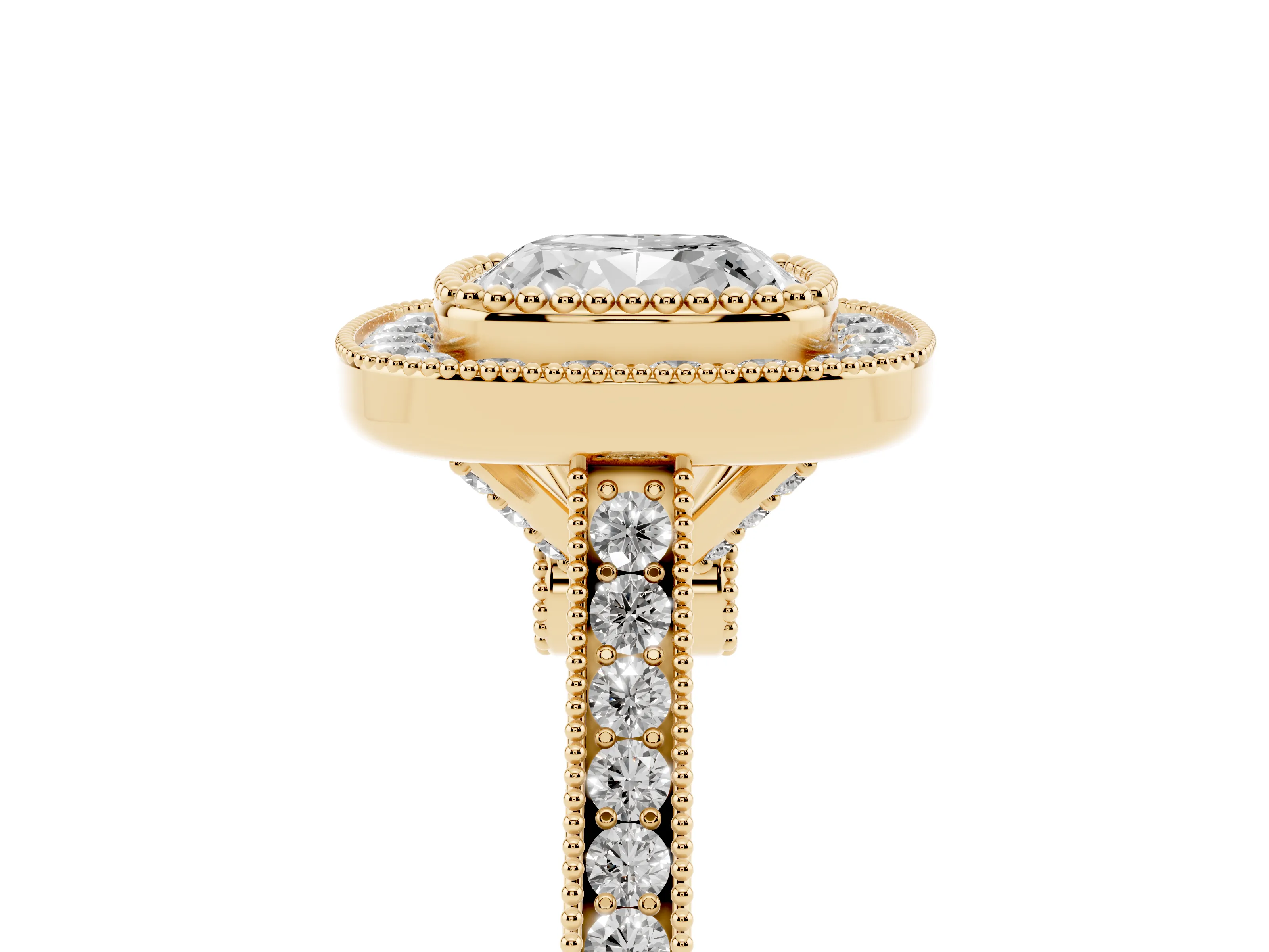Cushion Cut Diamond Halo Ring Set in Yellow gold with Milgrain Frame and Pavé Band