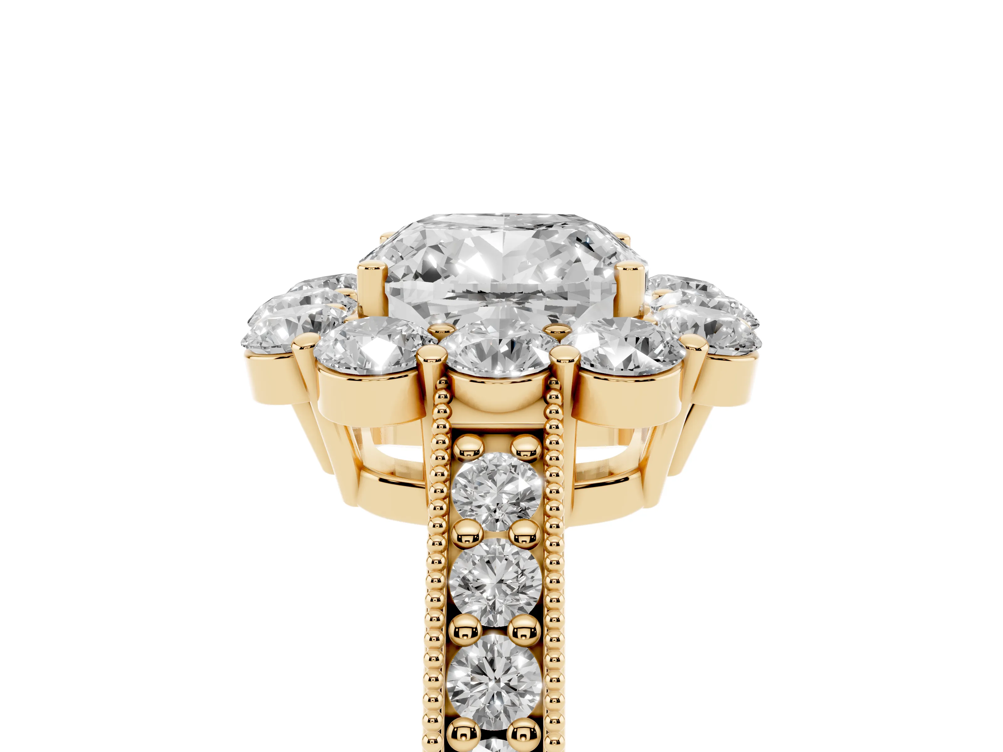 Cushion Cut Diamond Halo Pavé Engagement Ring Set in Yellow gold with Milgrain Detailing